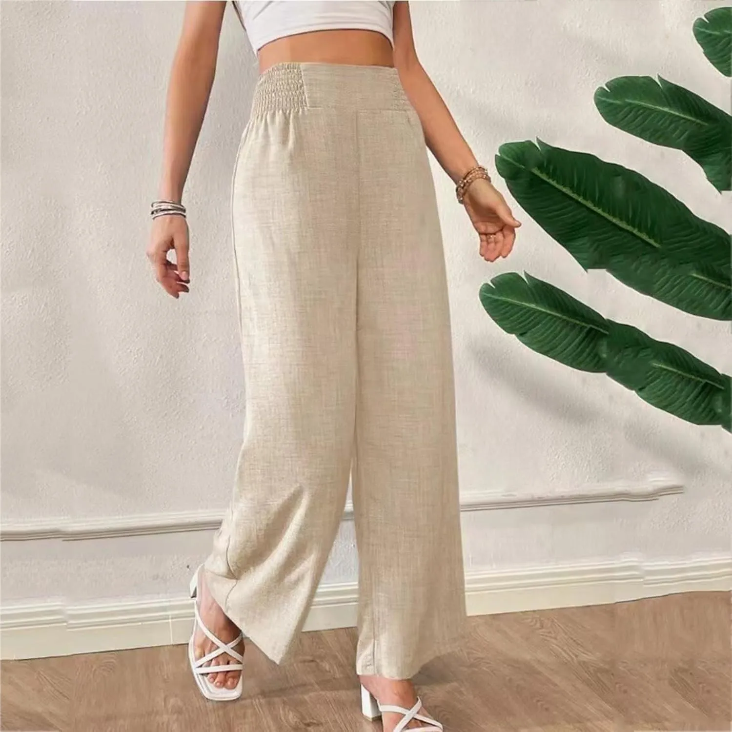 FZYLQY Smocked Waist Wide Leg Trousers for Women Lightweight Loose Fit Straight Pants with Pockets Chic Look 2025 Fashion