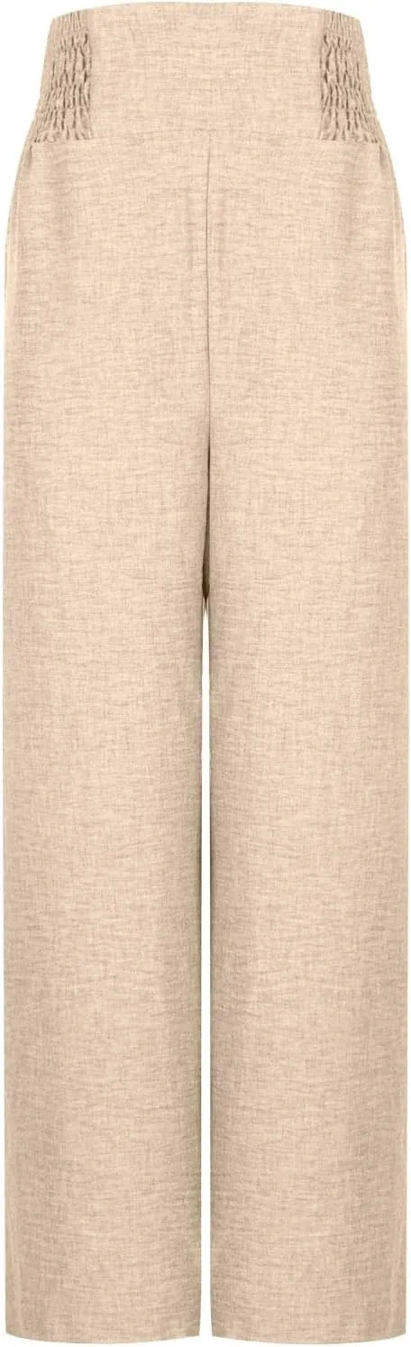 FZYLQY Smocked Waist Wide Leg Trousers for Women Lightweight Loose Fit Straight Pants with Pockets Chic Look 2025 Fashion