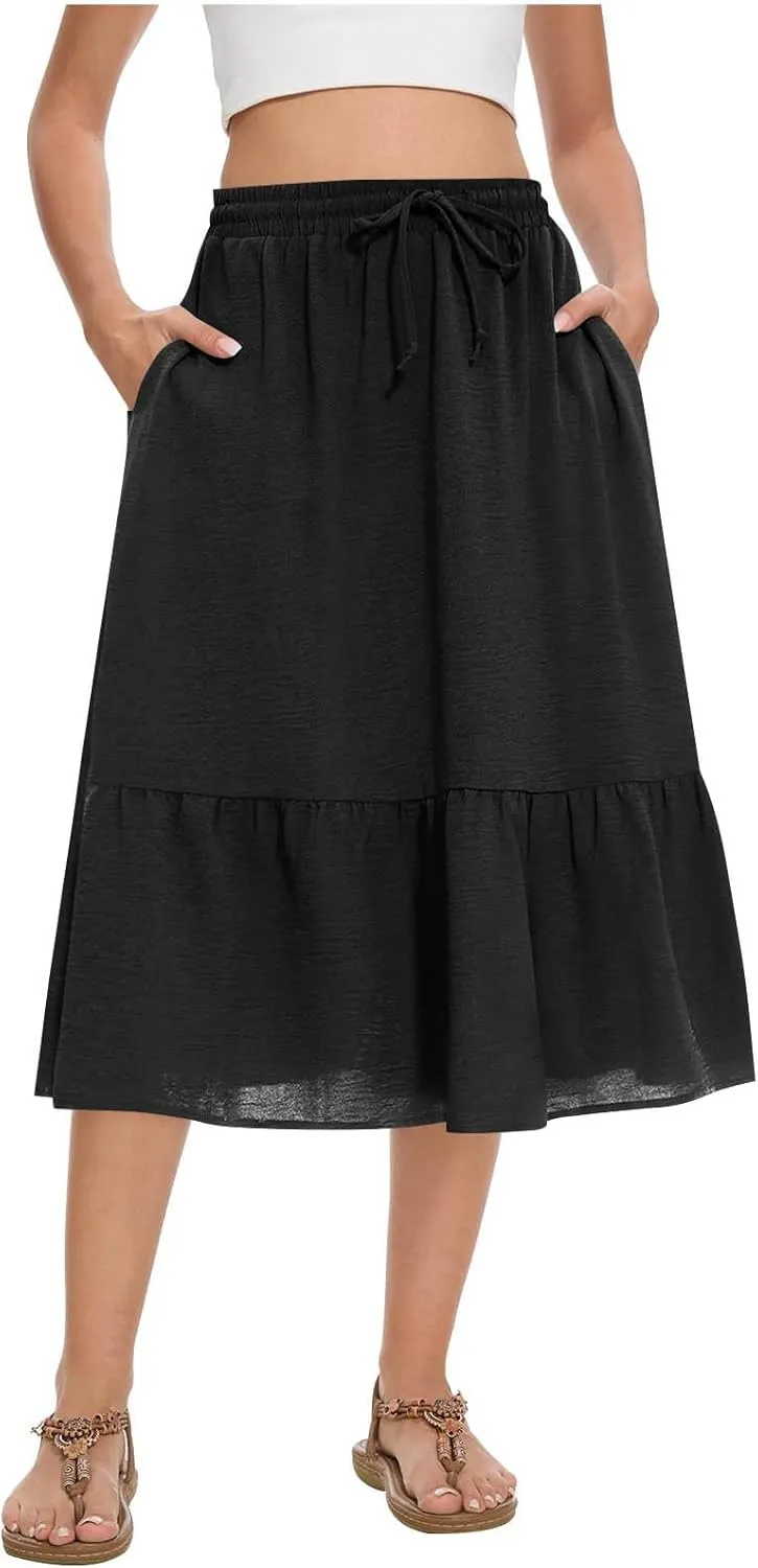 FZYLQY Women's Casual High Waisted Tiered Midi Skirt, Comfortable Loose Fit Elastic Waist Skirt with Pockets for Summer