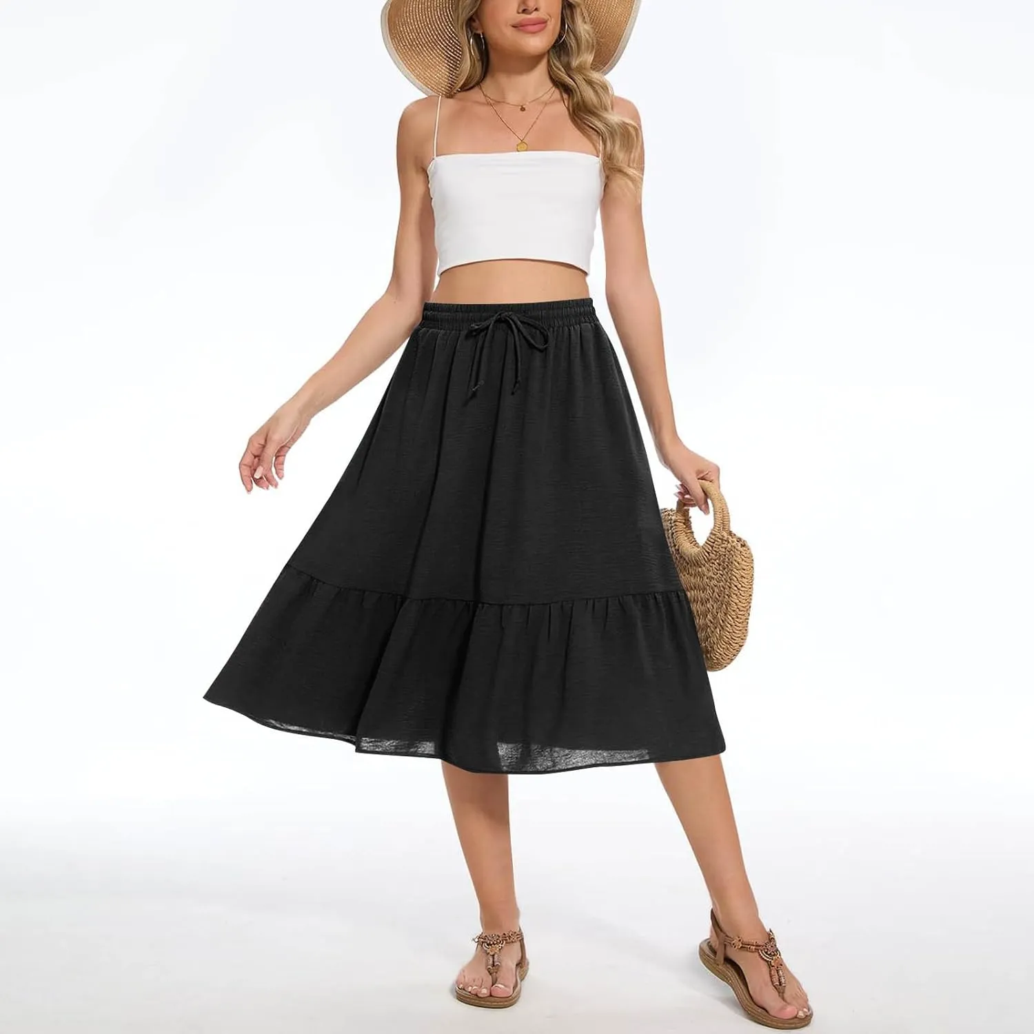 FZYLQY Women's Casual High Waisted Tiered Midi Skirt, Comfortable Loose Fit Elastic Waist Skirt with Pockets for Summer