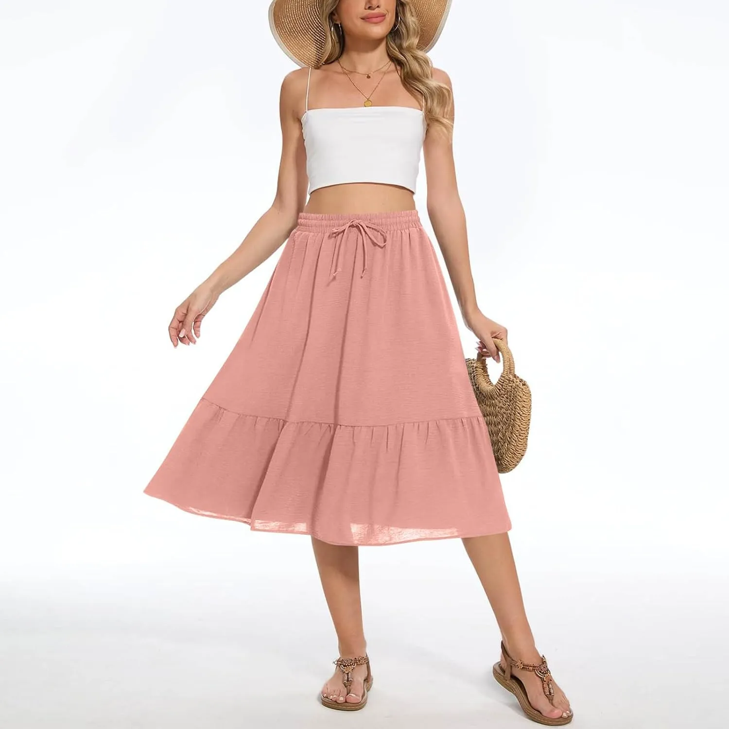FZYLQY Women's Casual High Waisted Tiered Midi Skirt, Comfortable Loose Fit Elastic Waist Skirt with Pockets for Summer