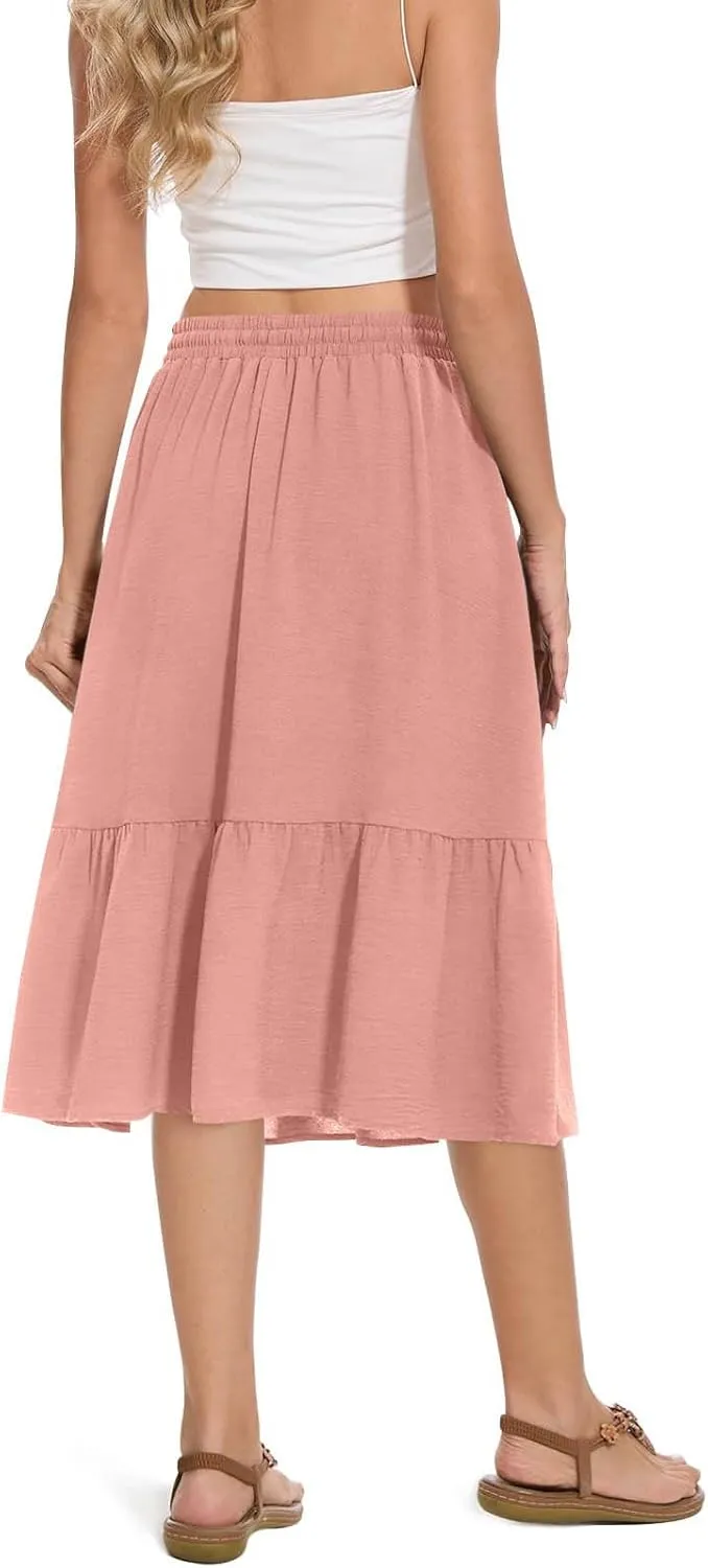 FZYLQY Women's Casual High Waisted Tiered Midi Skirt, Comfortable Loose Fit Elastic Waist Skirt with Pockets for Summer