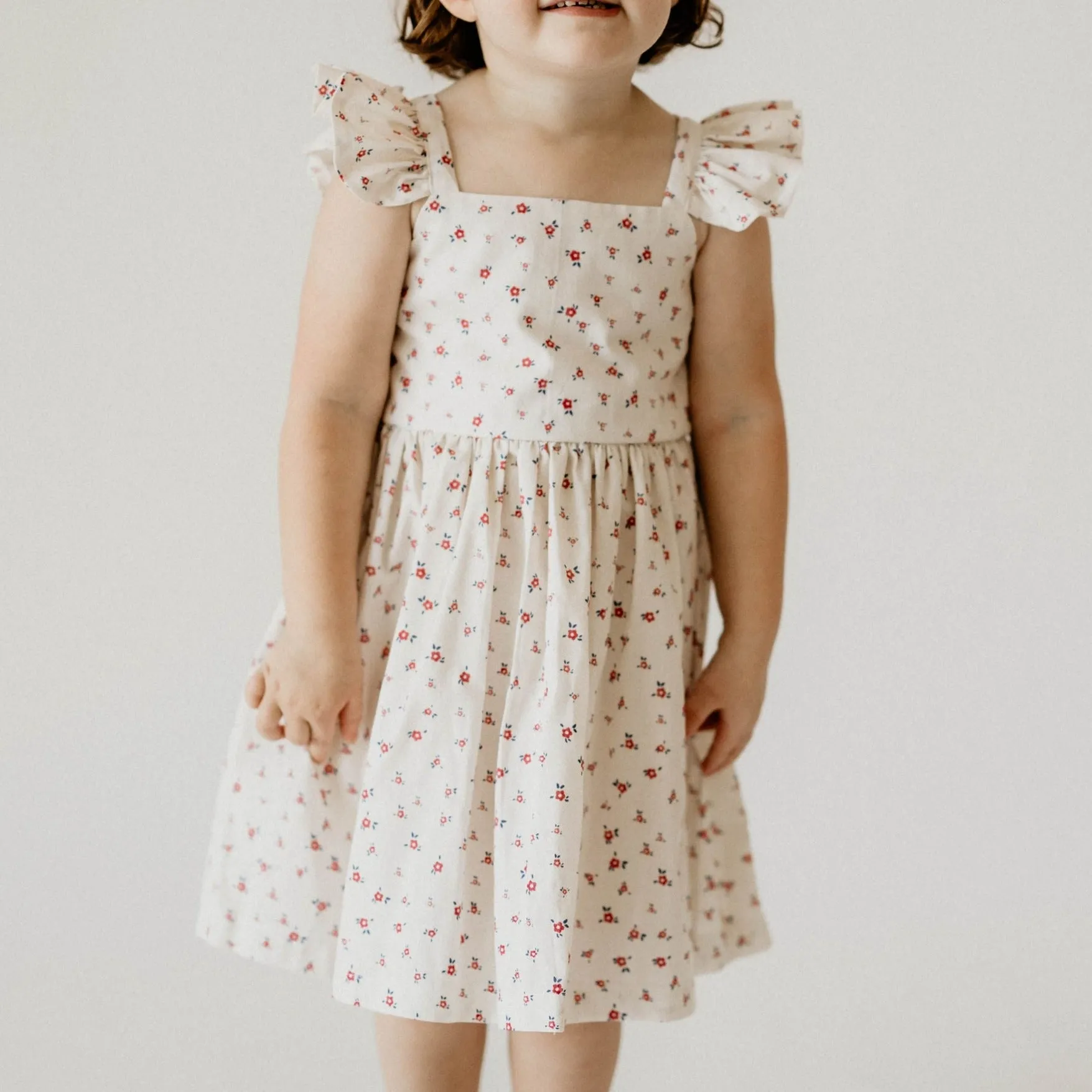 Girl's Red and White Ditsy Floral Print Cotton Flutter Sleeve Dress