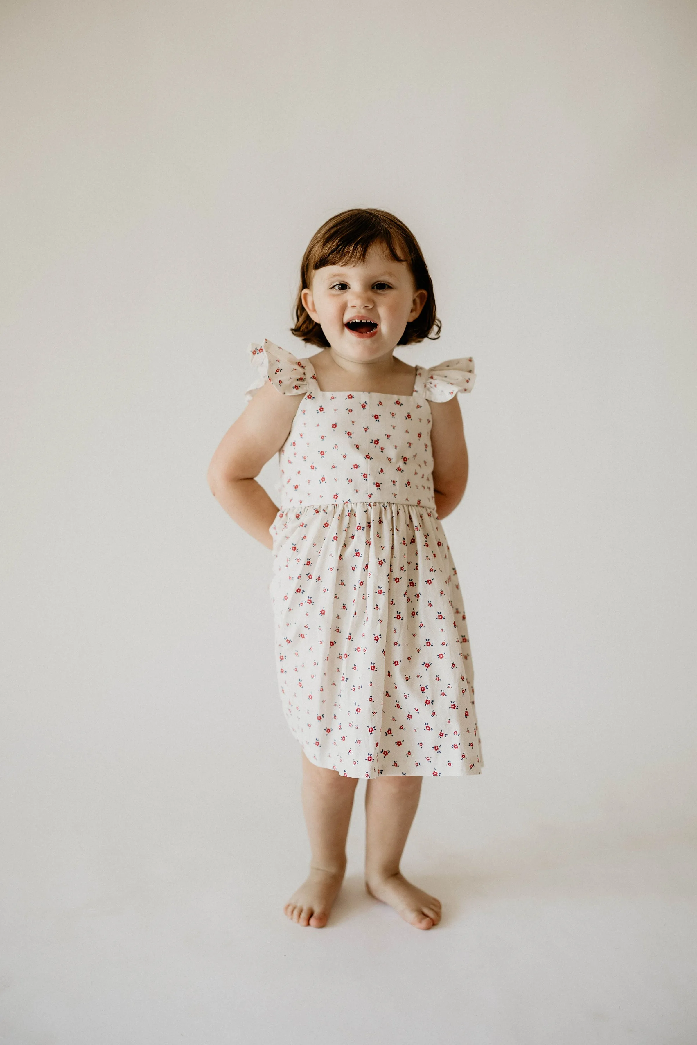 Girl's Red and White Ditsy Floral Print Cotton Flutter Sleeve Dress