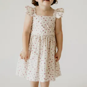 Girl's Red and White Ditsy Floral Print Cotton Flutter Sleeve Dress