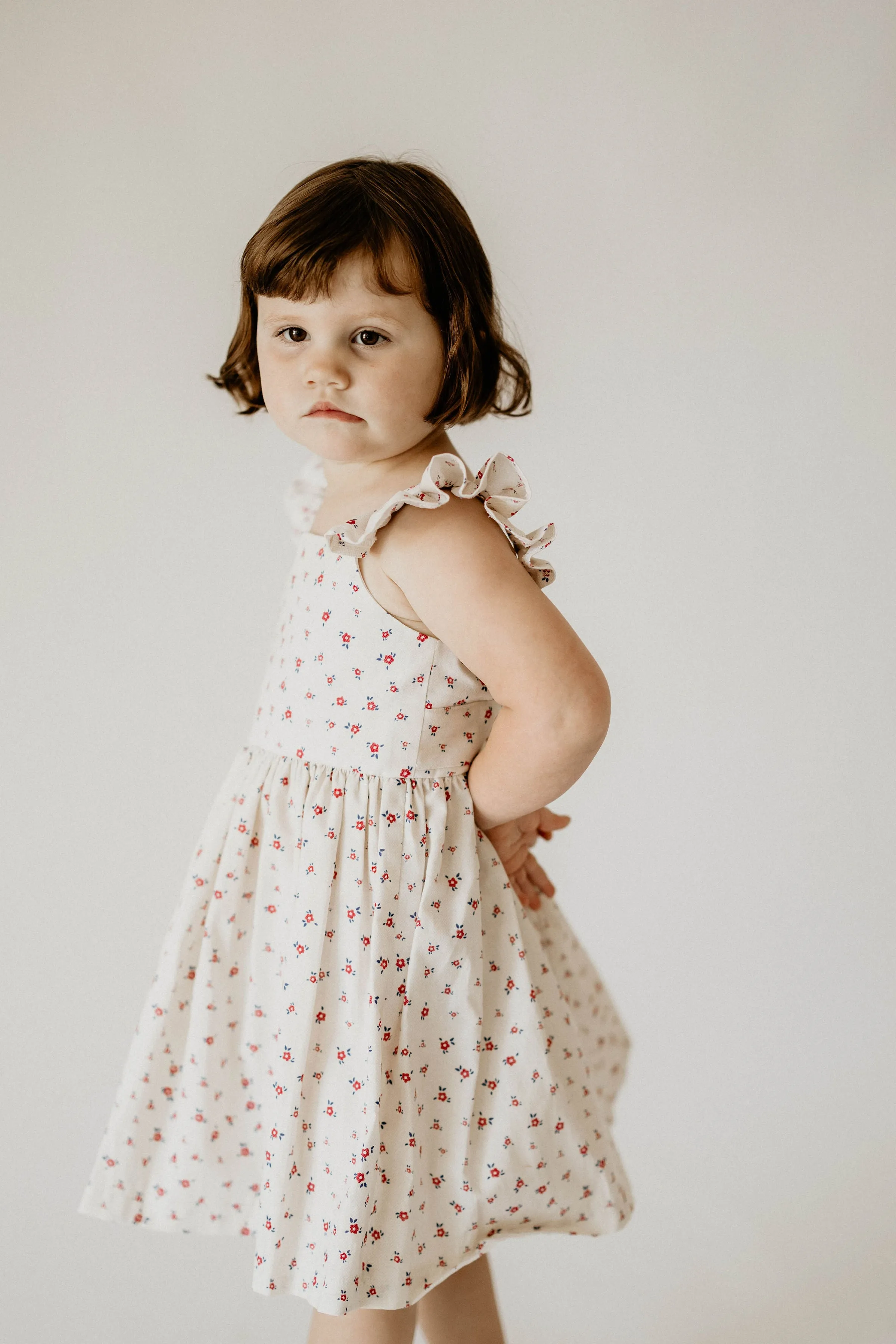 Girl's Red and White Ditsy Floral Print Cotton Flutter Sleeve Dress