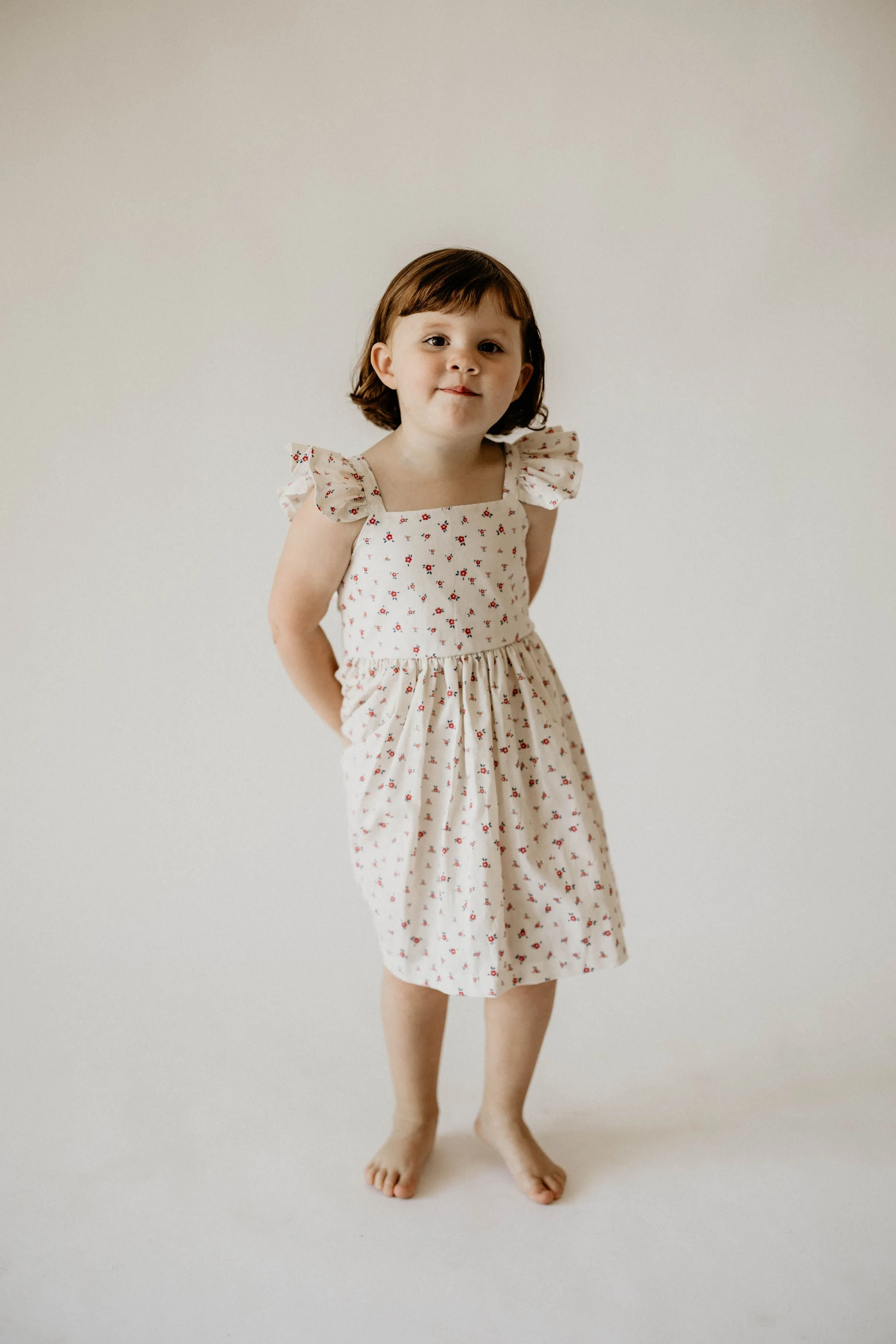 Girl's Red and White Ditsy Floral Print Cotton Flutter Sleeve Dress