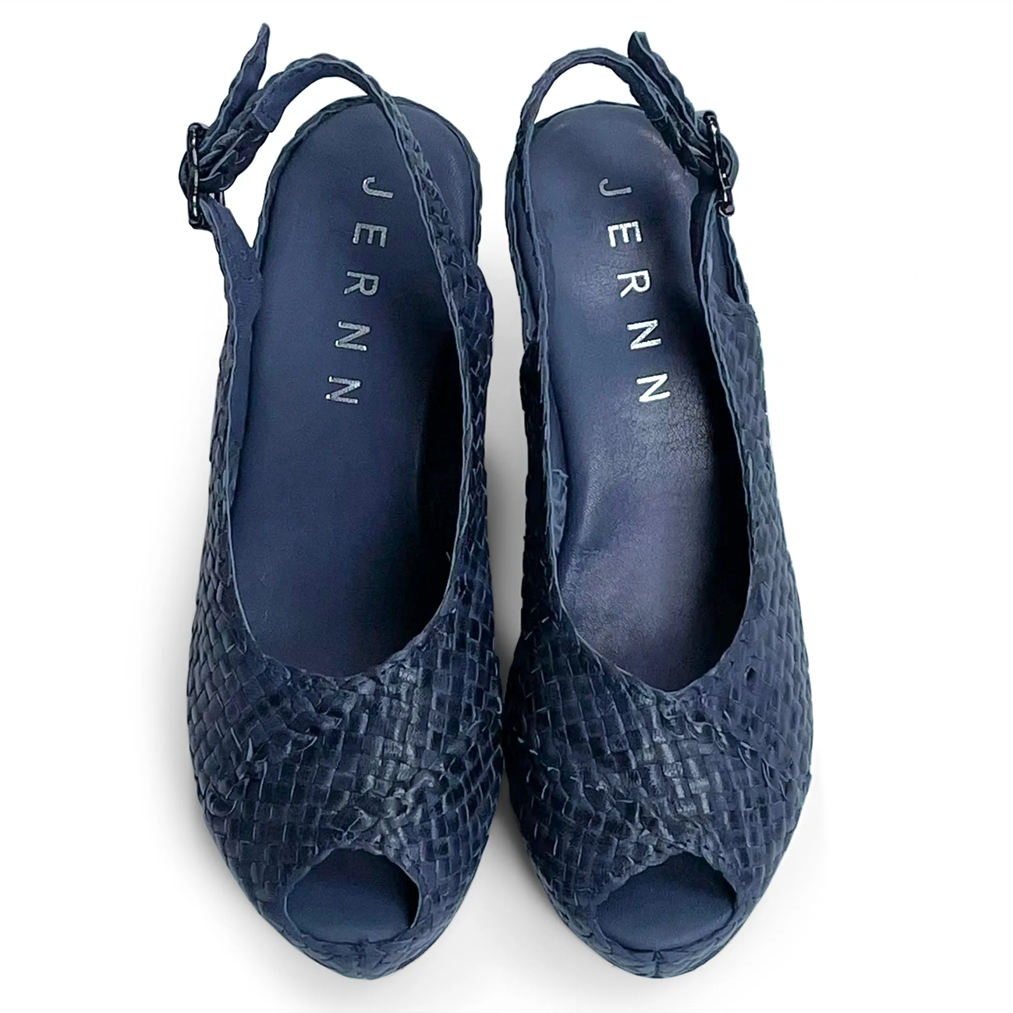 Handwoven leather HIGH peep toe wedges with criss cross front