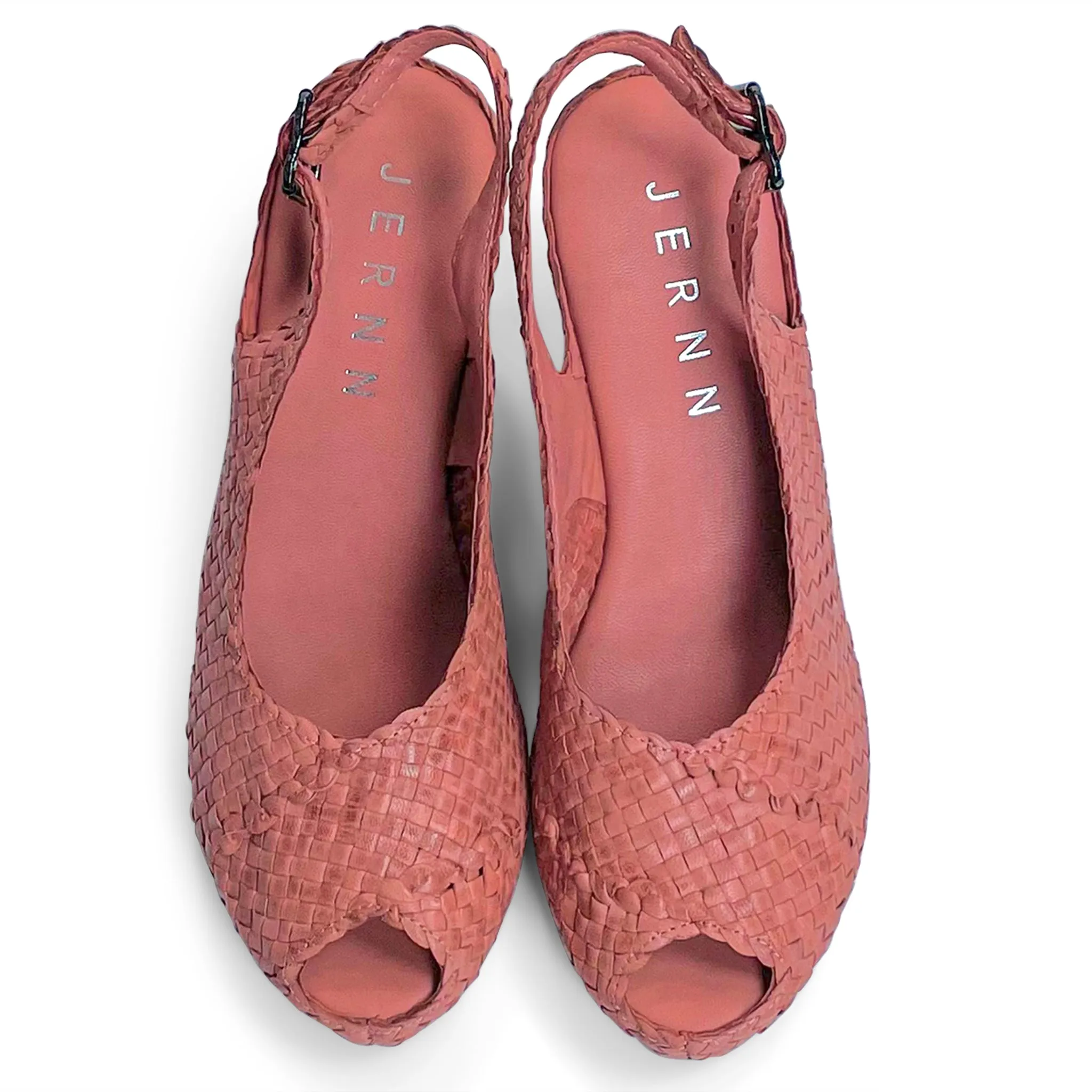 Handwoven leather HIGH peep toe wedges with criss cross front