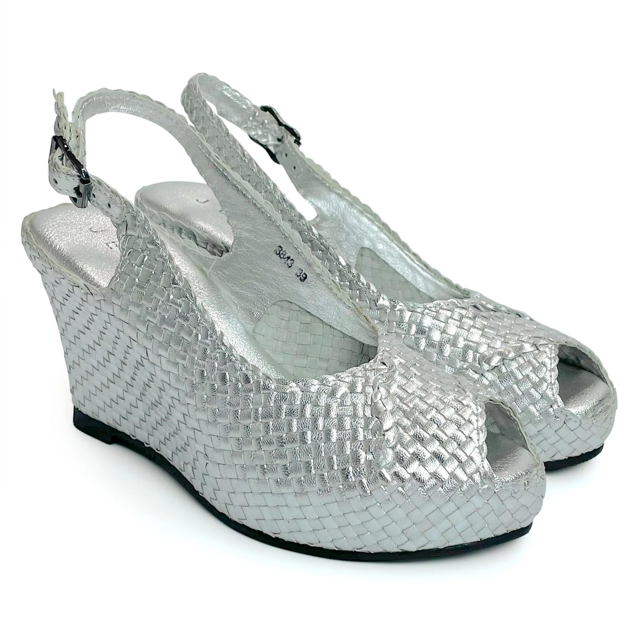 Handwoven leather HIGH peep toe wedges with criss cross front