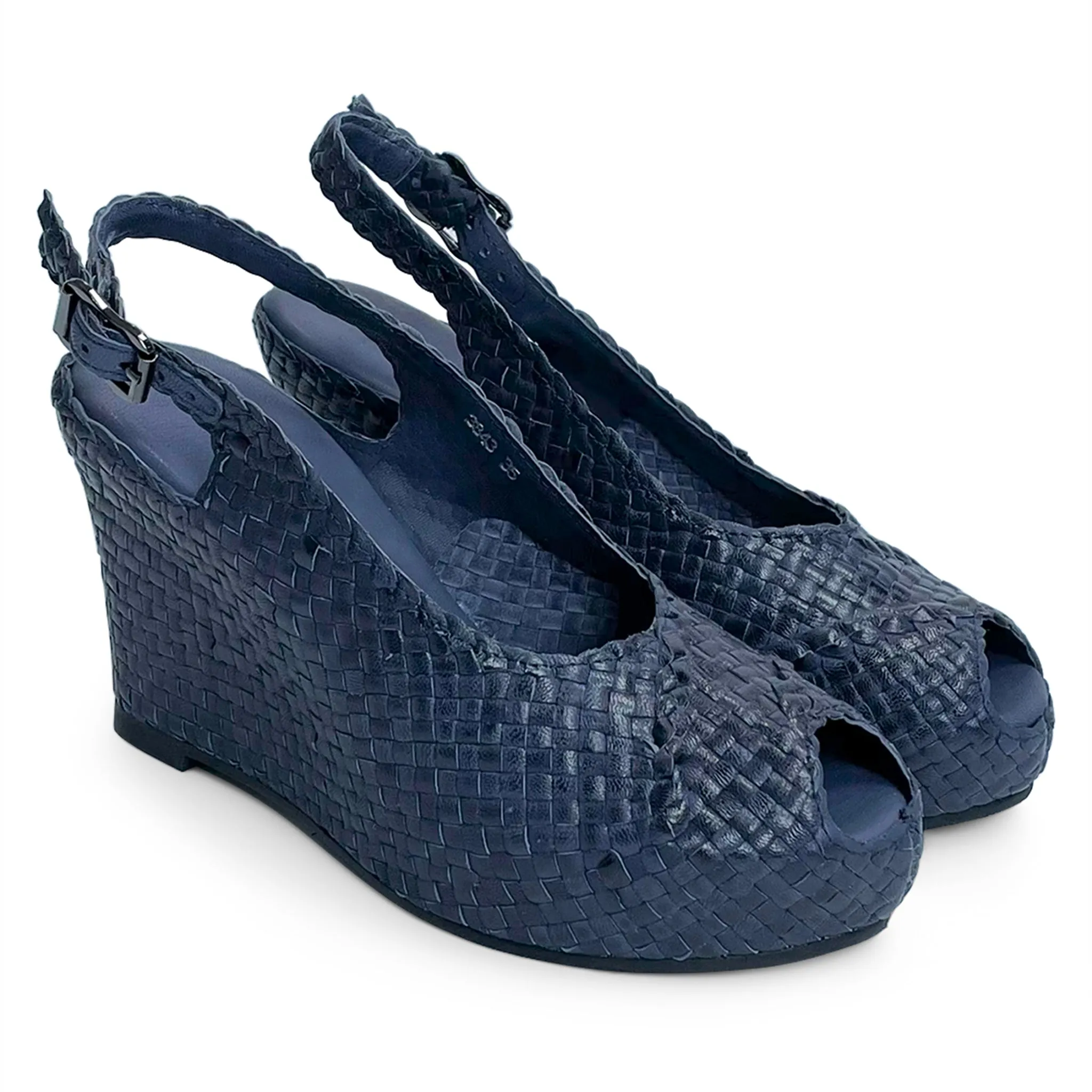 Handwoven leather HIGH peep toe wedges with criss cross front