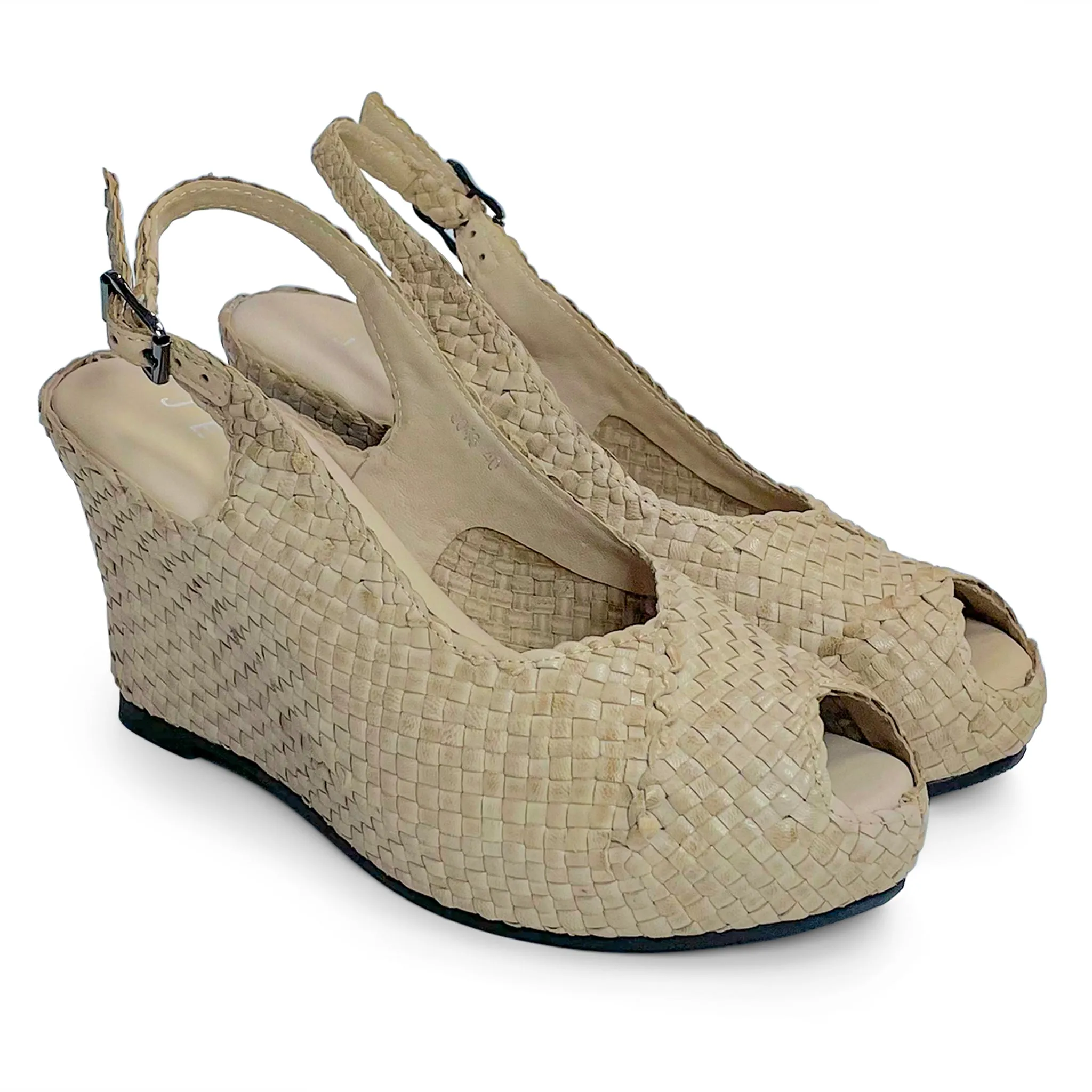 Handwoven leather HIGH peep toe wedges with criss cross front