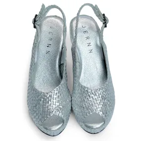 Handwoven leather HIGH peep toe wedges with criss cross front