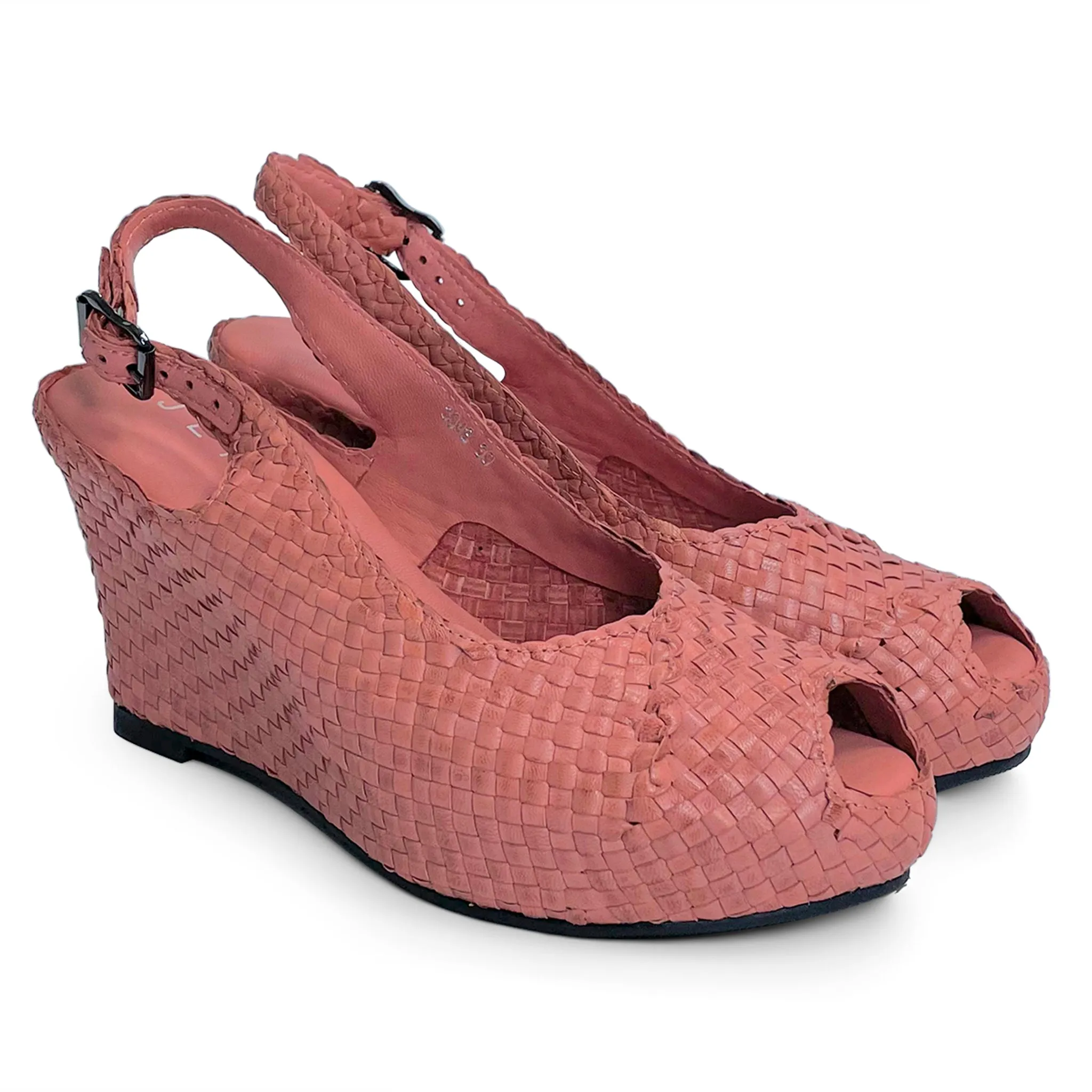 Handwoven leather HIGH peep toe wedges with criss cross front