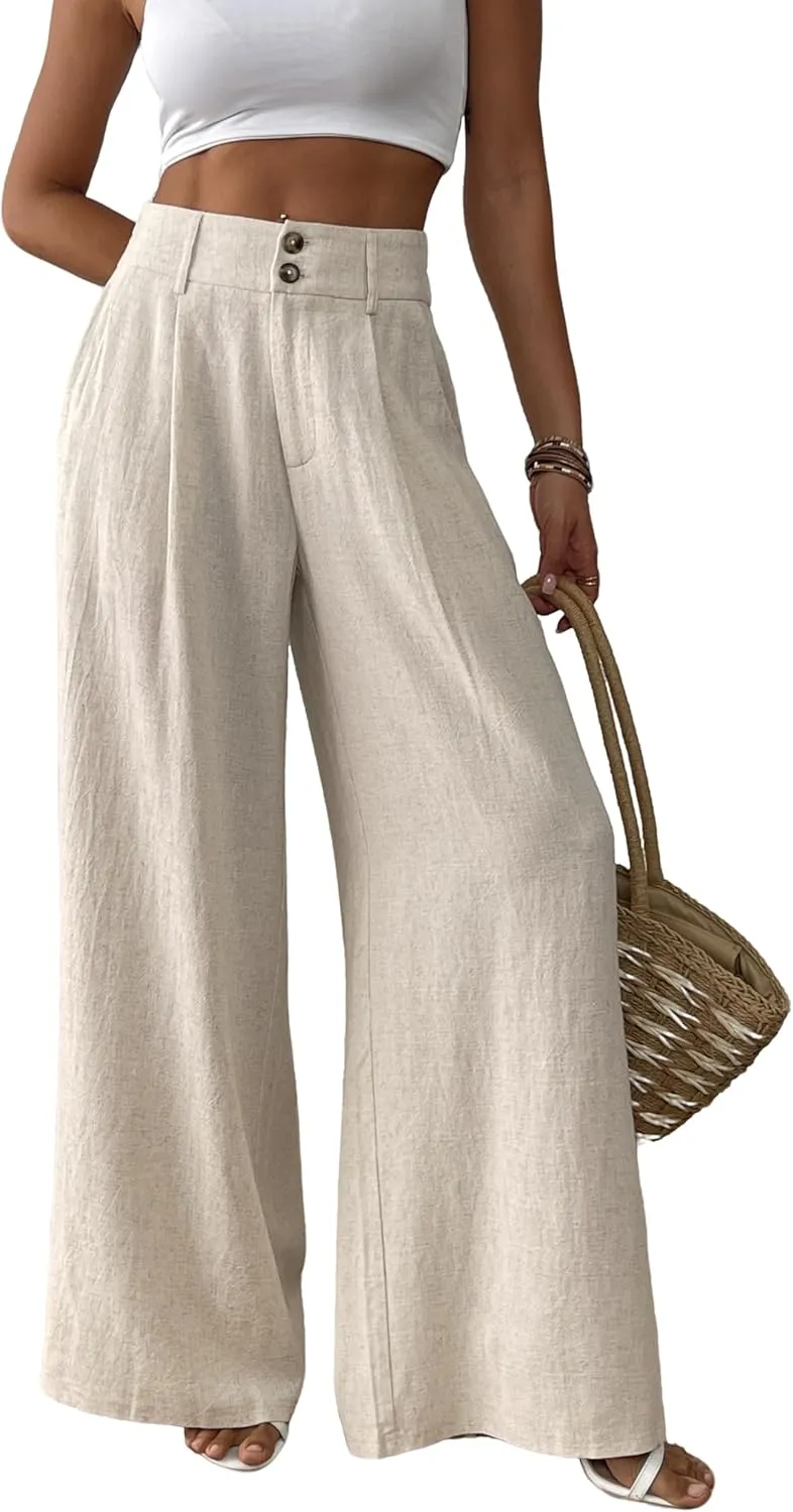heipeiwa Women's Linen Pants Summer Wide Leg Palazzo Pants Business Casual Loose Dress Vacation Beach Trouser