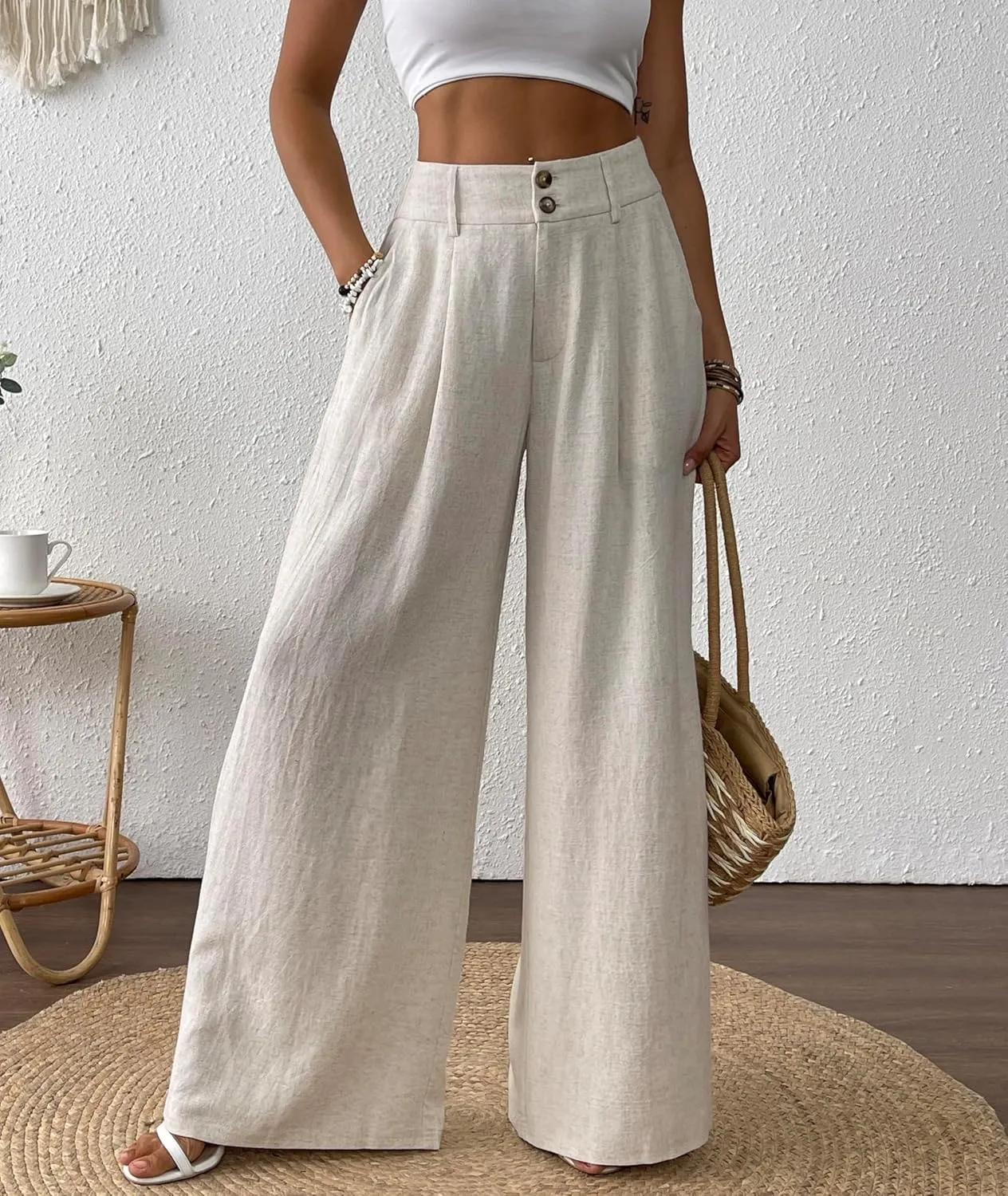 heipeiwa Women's Linen Pants Summer Wide Leg Palazzo Pants Business Casual Loose Dress Vacation Beach Trouser