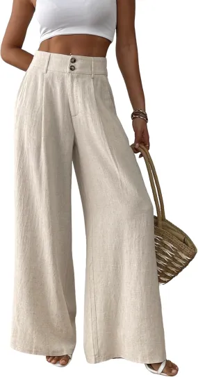 heipeiwa Women's Linen Pants Summer Wide Leg Palazzo Pants Business Casual Loose Dress Vacation Beach Trouser