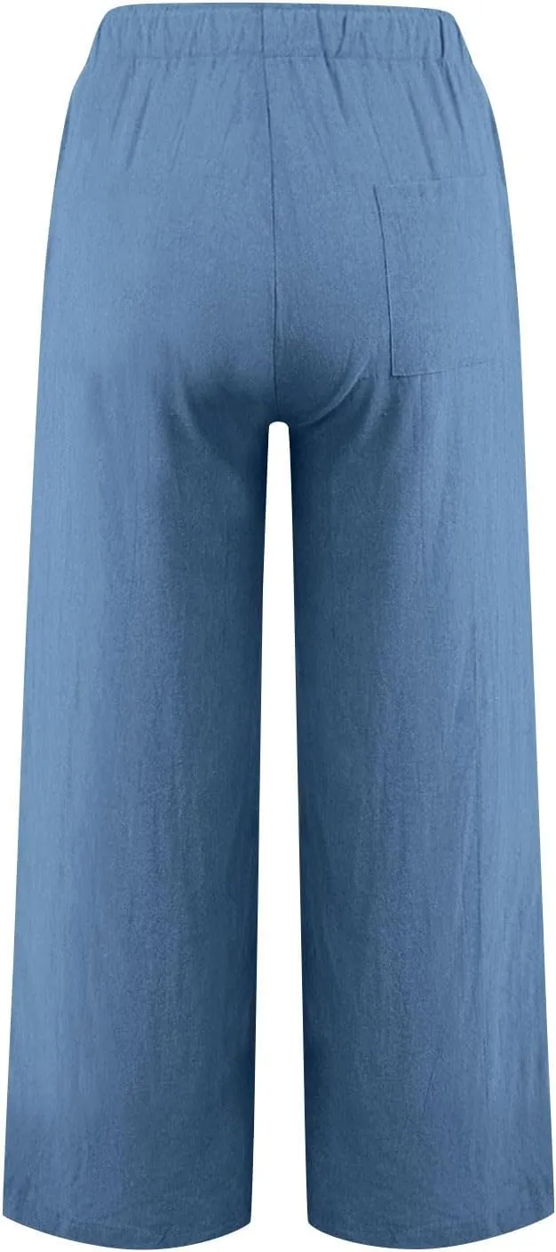 hlysgo Linen Pants Women High Waisted Drawstring Palazzo Pants 2025 Summer Flowy Cotton Linen Beach Trousers with Pockets