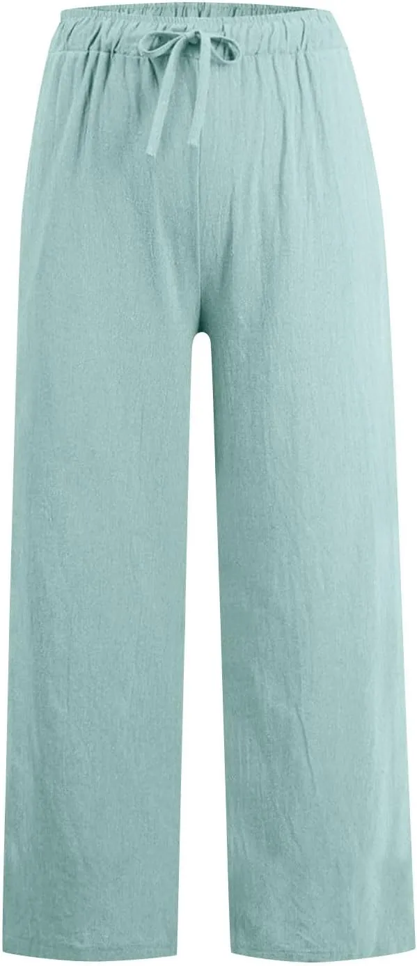 hlysgo Linen Pants Women High Waisted Drawstring Palazzo Pants 2025 Summer Flowy Cotton Linen Beach Trousers with Pockets