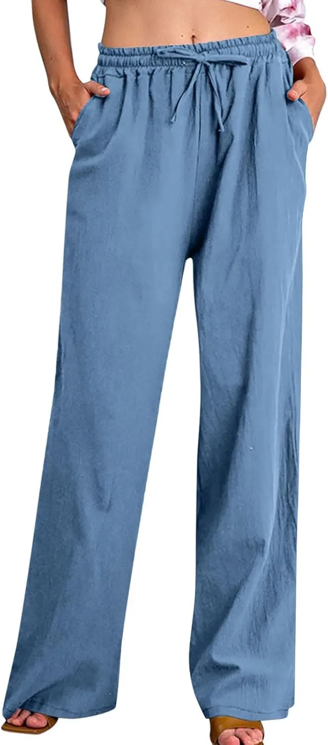 hlysgo Linen Pants Women High Waisted Drawstring Palazzo Pants 2025 Summer Flowy Cotton Linen Beach Trousers with Pockets