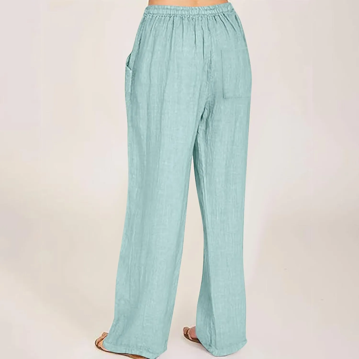 hlysgo Linen Pants Women High Waisted Drawstring Palazzo Pants 2025 Summer Flowy Cotton Linen Beach Trousers with Pockets