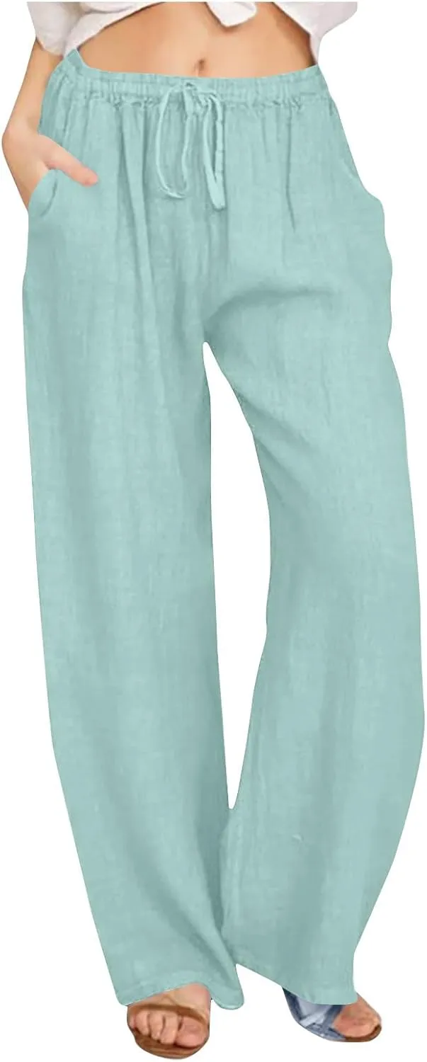 hlysgo Linen Pants Women High Waisted Drawstring Palazzo Pants 2025 Summer Flowy Cotton Linen Beach Trousers with Pockets