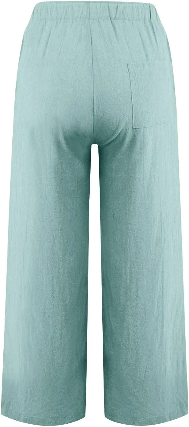 hlysgo Linen Pants Women High Waisted Drawstring Palazzo Pants 2025 Summer Flowy Cotton Linen Beach Trousers with Pockets
