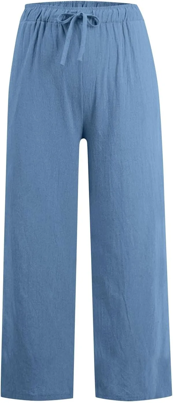 hlysgo Linen Pants Women High Waisted Drawstring Palazzo Pants 2025 Summer Flowy Cotton Linen Beach Trousers with Pockets