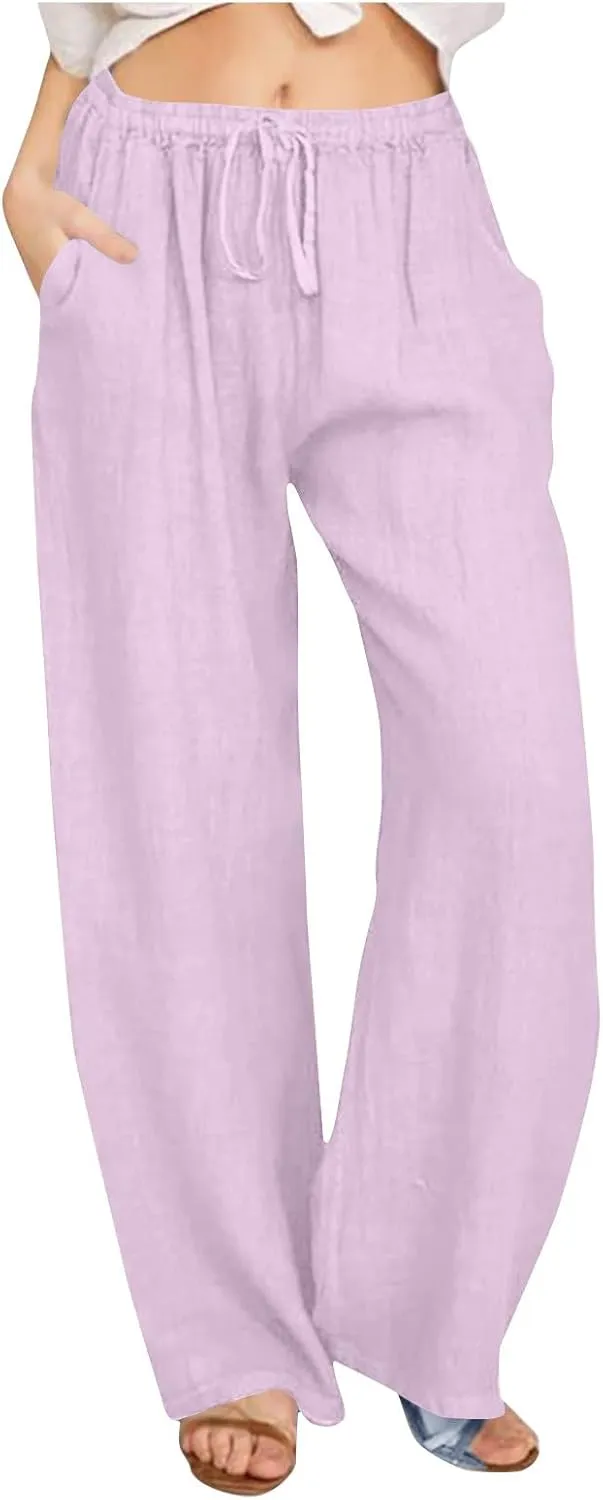 hlysgo Linen Pants Women High Waisted Drawstring Palazzo Pants 2025 Summer Flowy Cotton Linen Beach Trousers with Pockets