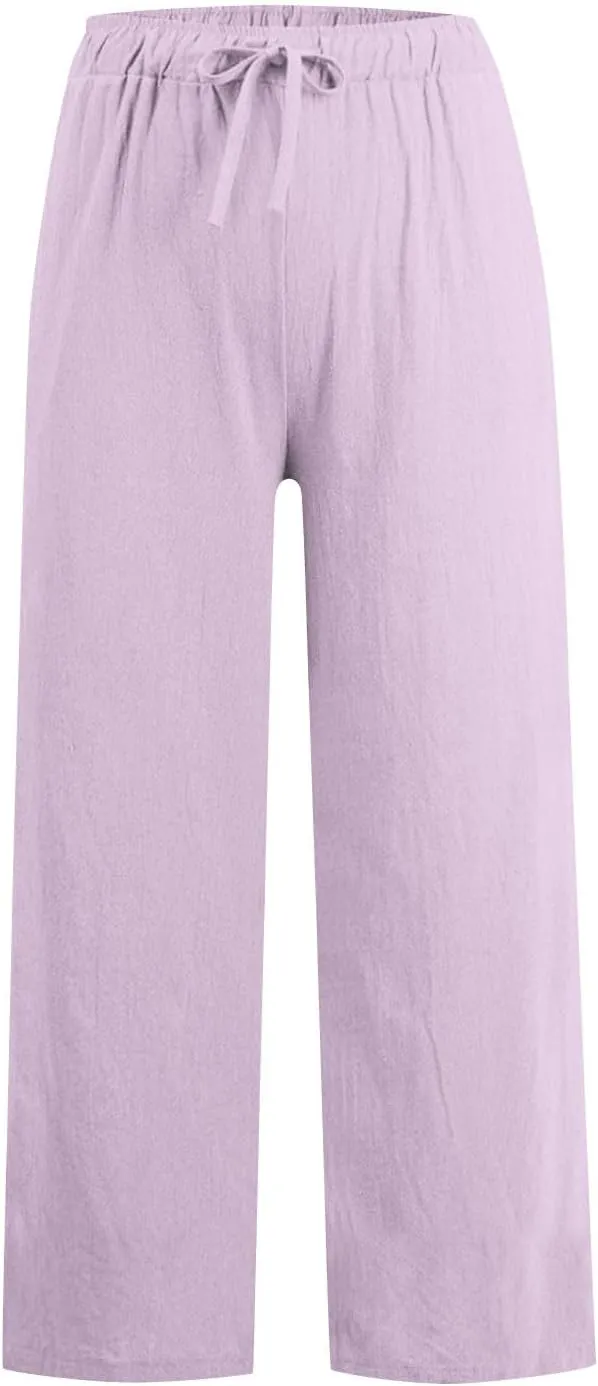 hlysgo Linen Pants Women High Waisted Drawstring Palazzo Pants 2025 Summer Flowy Cotton Linen Beach Trousers with Pockets