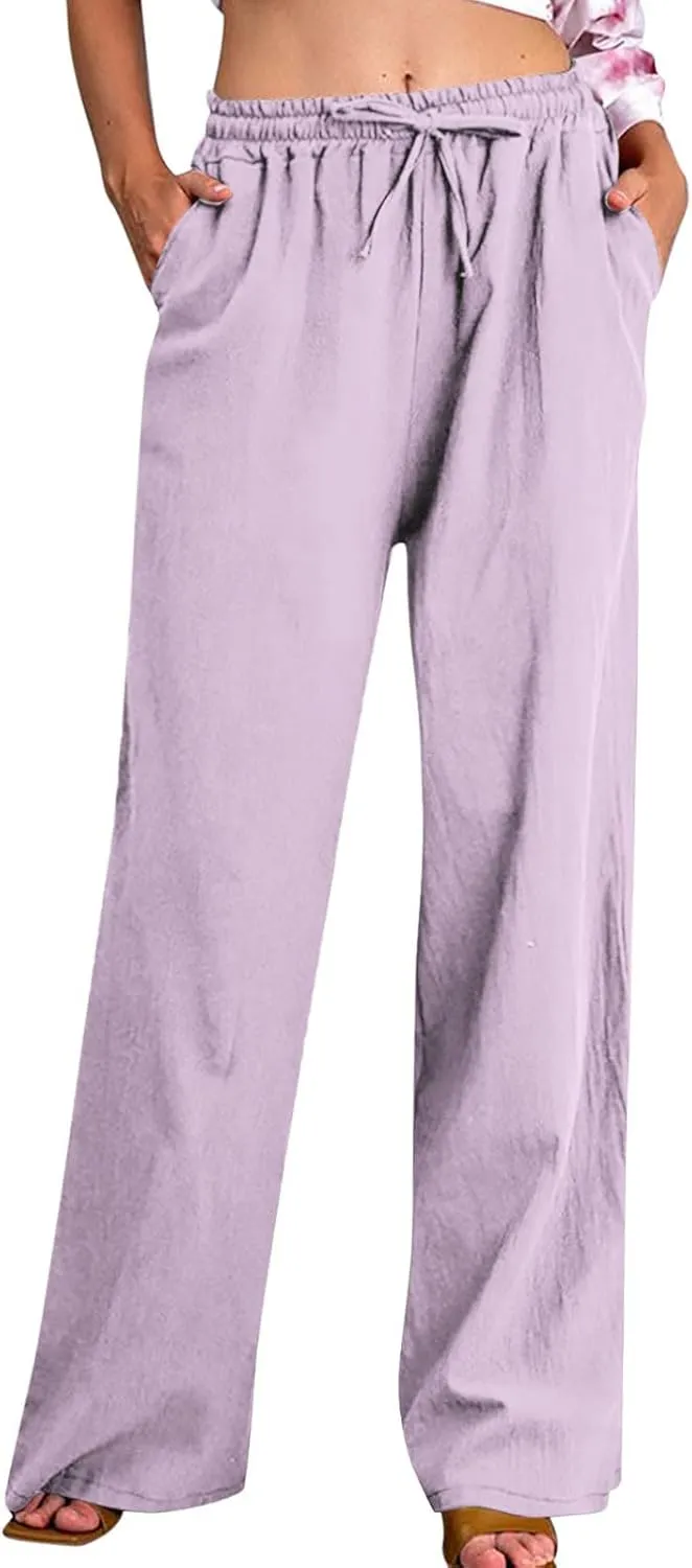hlysgo Linen Pants Women High Waisted Drawstring Palazzo Pants 2025 Summer Flowy Cotton Linen Beach Trousers with Pockets