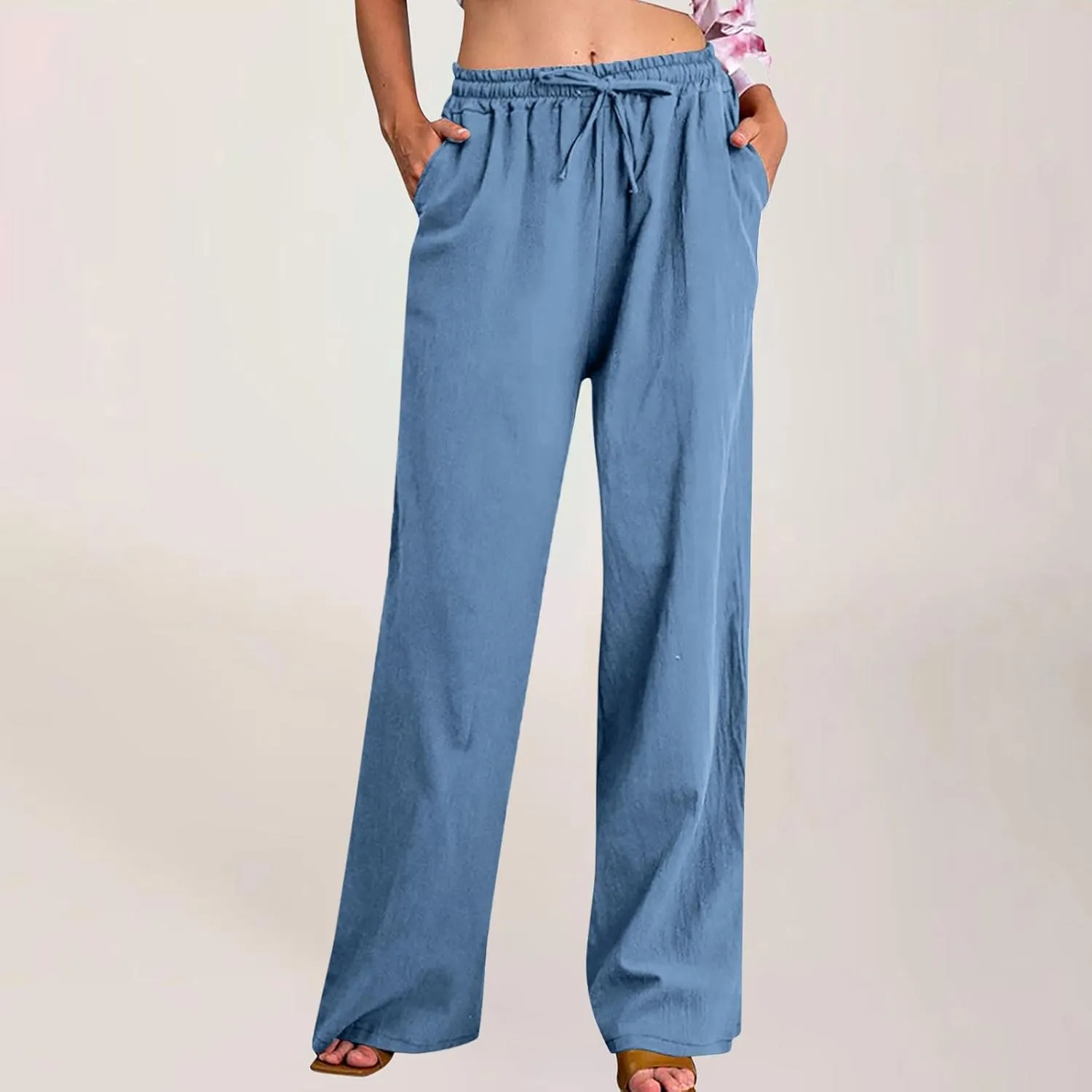 hlysgo Linen Pants Women High Waisted Drawstring Palazzo Pants 2025 Summer Flowy Cotton Linen Beach Trousers with Pockets