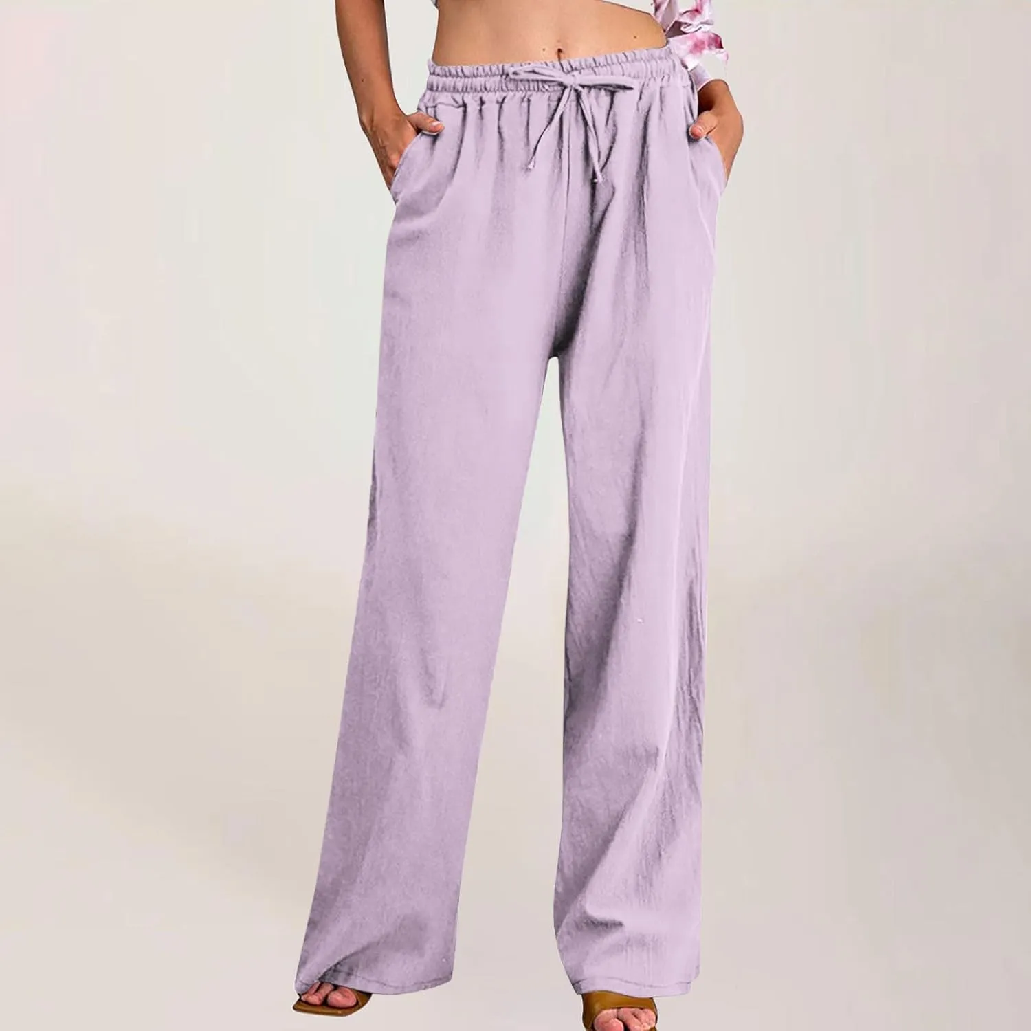 hlysgo Linen Pants Women High Waisted Drawstring Palazzo Pants 2025 Summer Flowy Cotton Linen Beach Trousers with Pockets