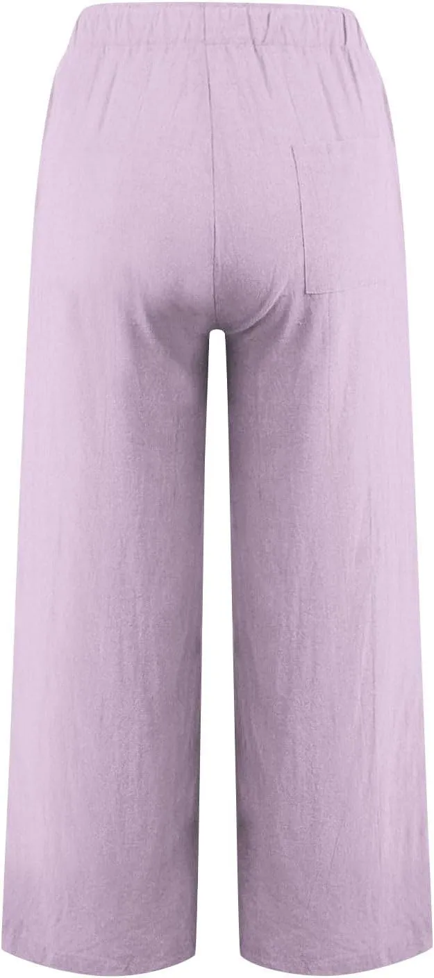 hlysgo Linen Pants Women High Waisted Drawstring Palazzo Pants 2025 Summer Flowy Cotton Linen Beach Trousers with Pockets