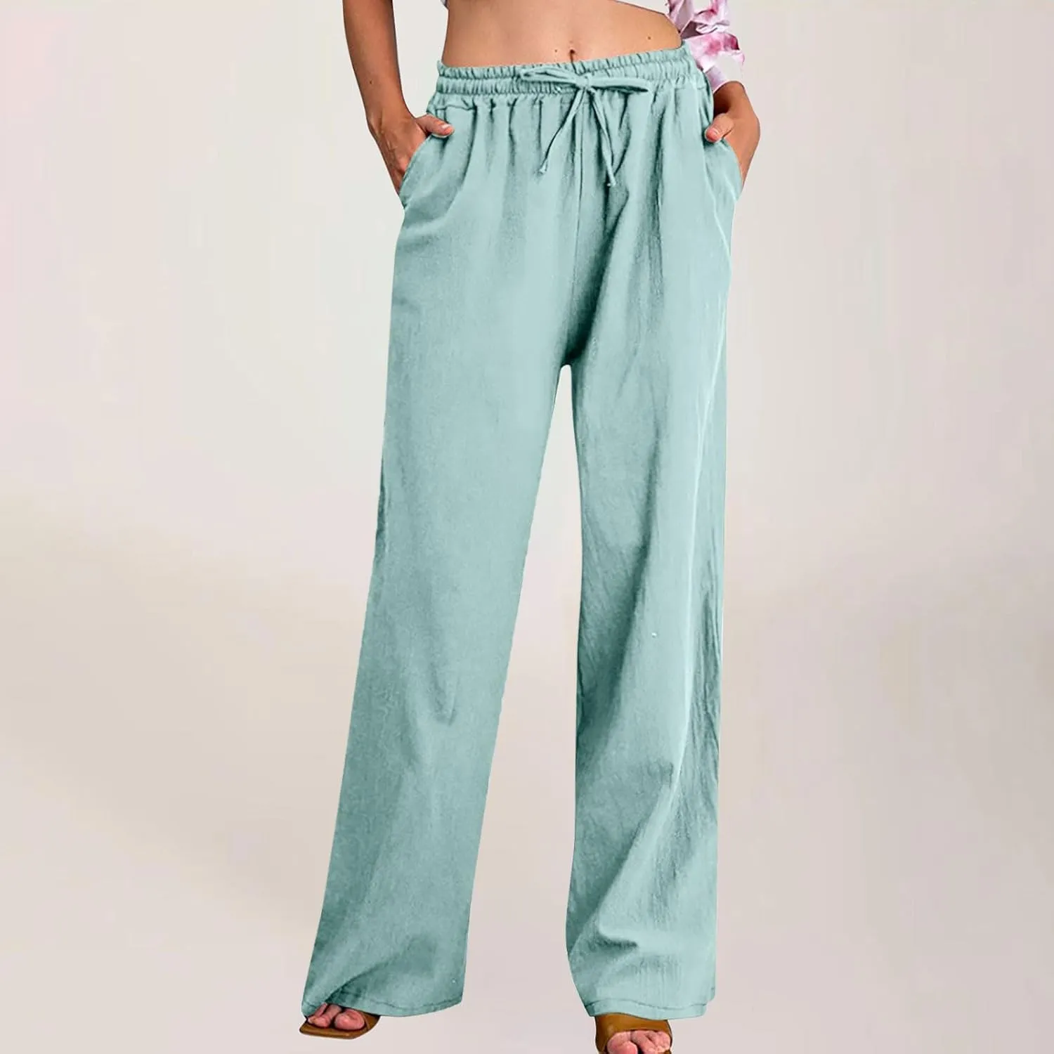 hlysgo Linen Pants Women High Waisted Drawstring Palazzo Pants 2025 Summer Flowy Cotton Linen Beach Trousers with Pockets