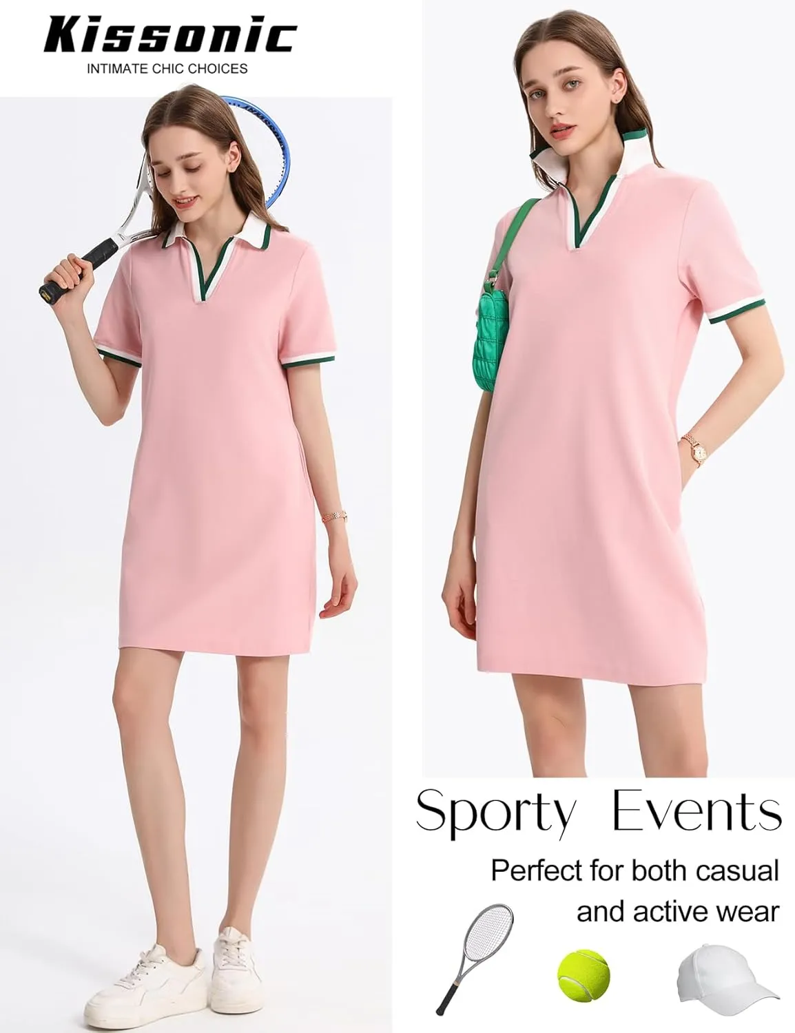 Kissonic Polo Dress for Women V Neck Short Sleeve Flowy Contrast Color Golf Tennis A Line T Shirt Dresses