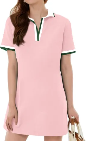 Kissonic Polo Dress for Women V Neck Short Sleeve Flowy Contrast Color Golf Tennis A Line T Shirt Dresses