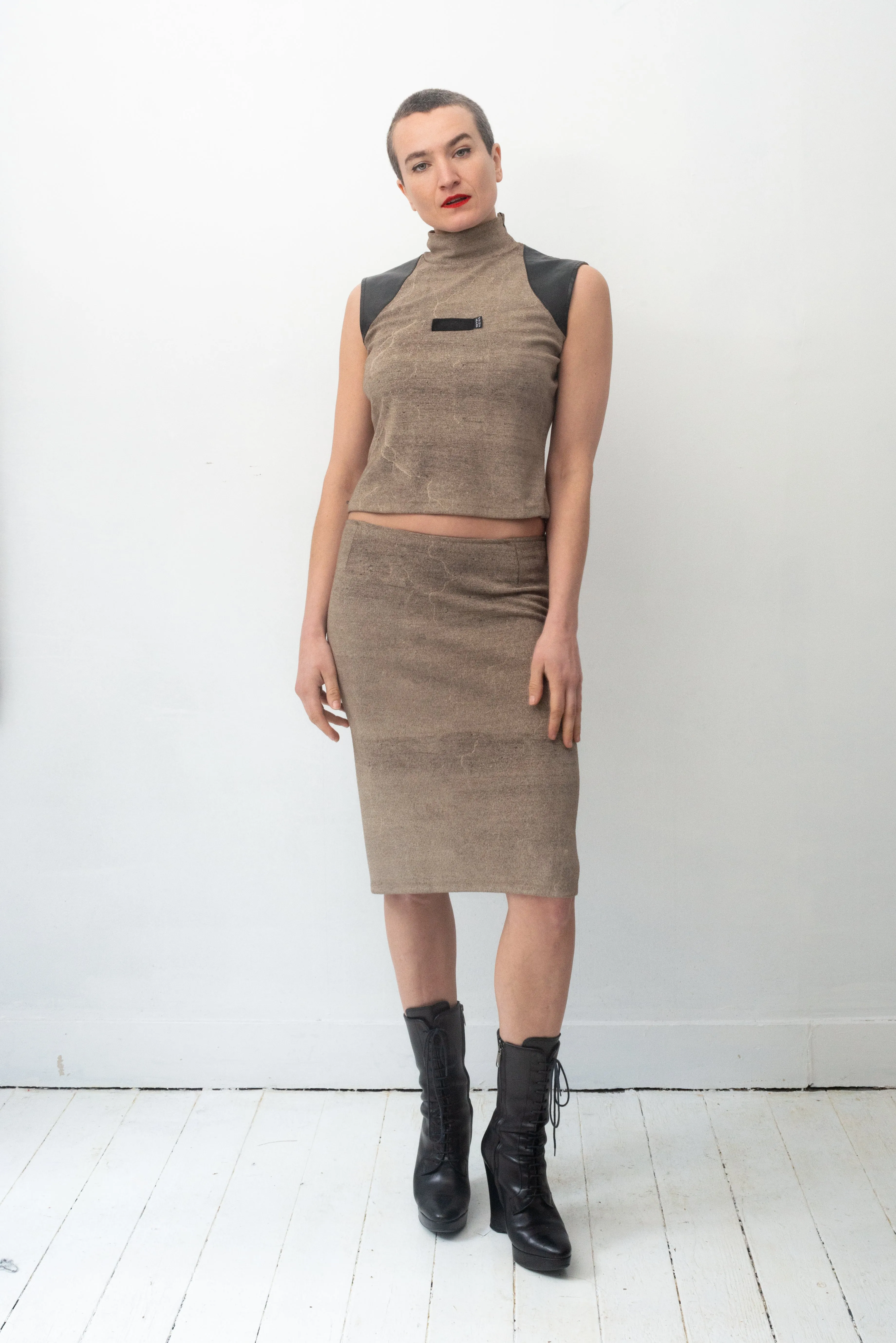 Krizia 90's stretchy skirt set with faux leather