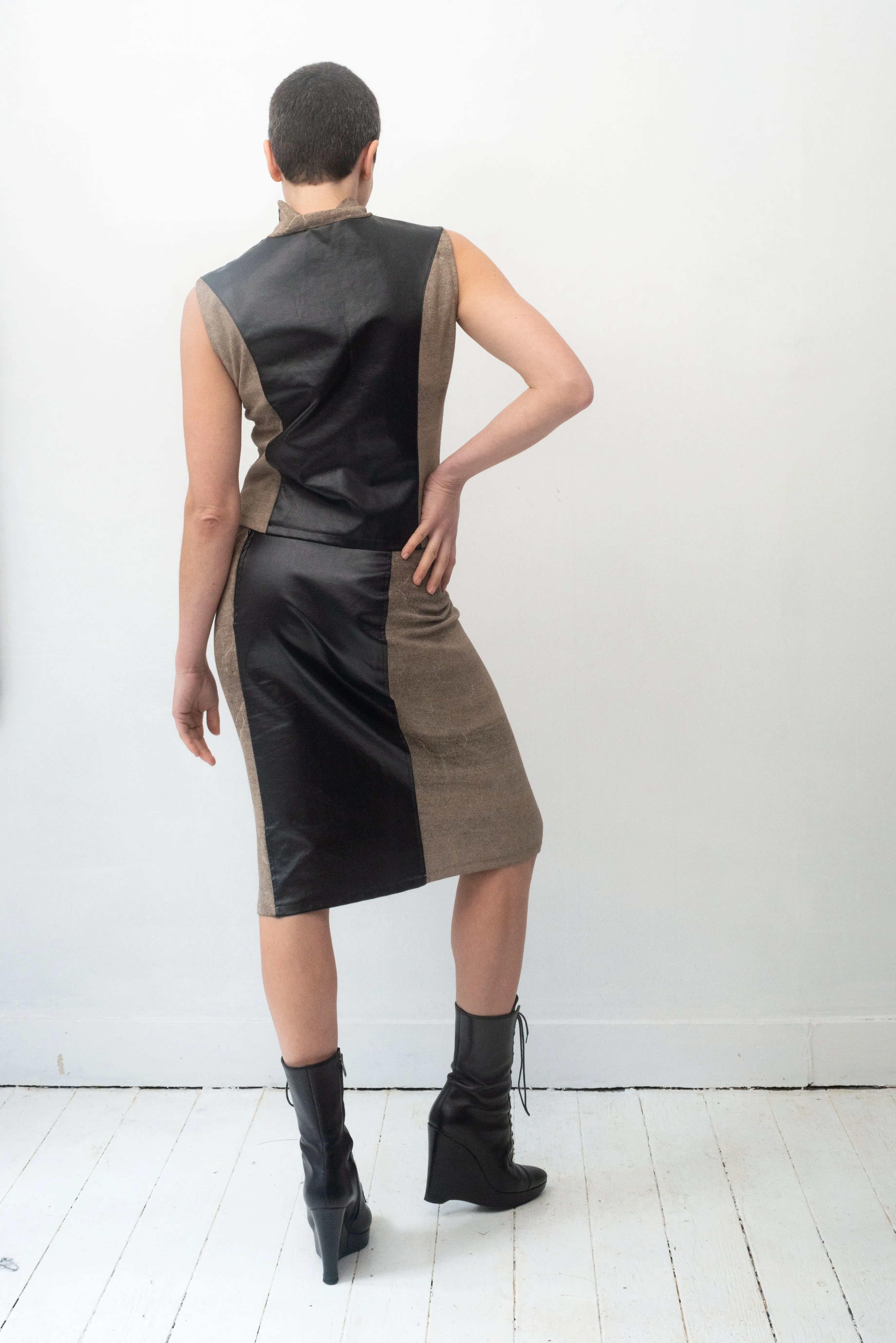 Krizia 90's stretchy skirt set with faux leather