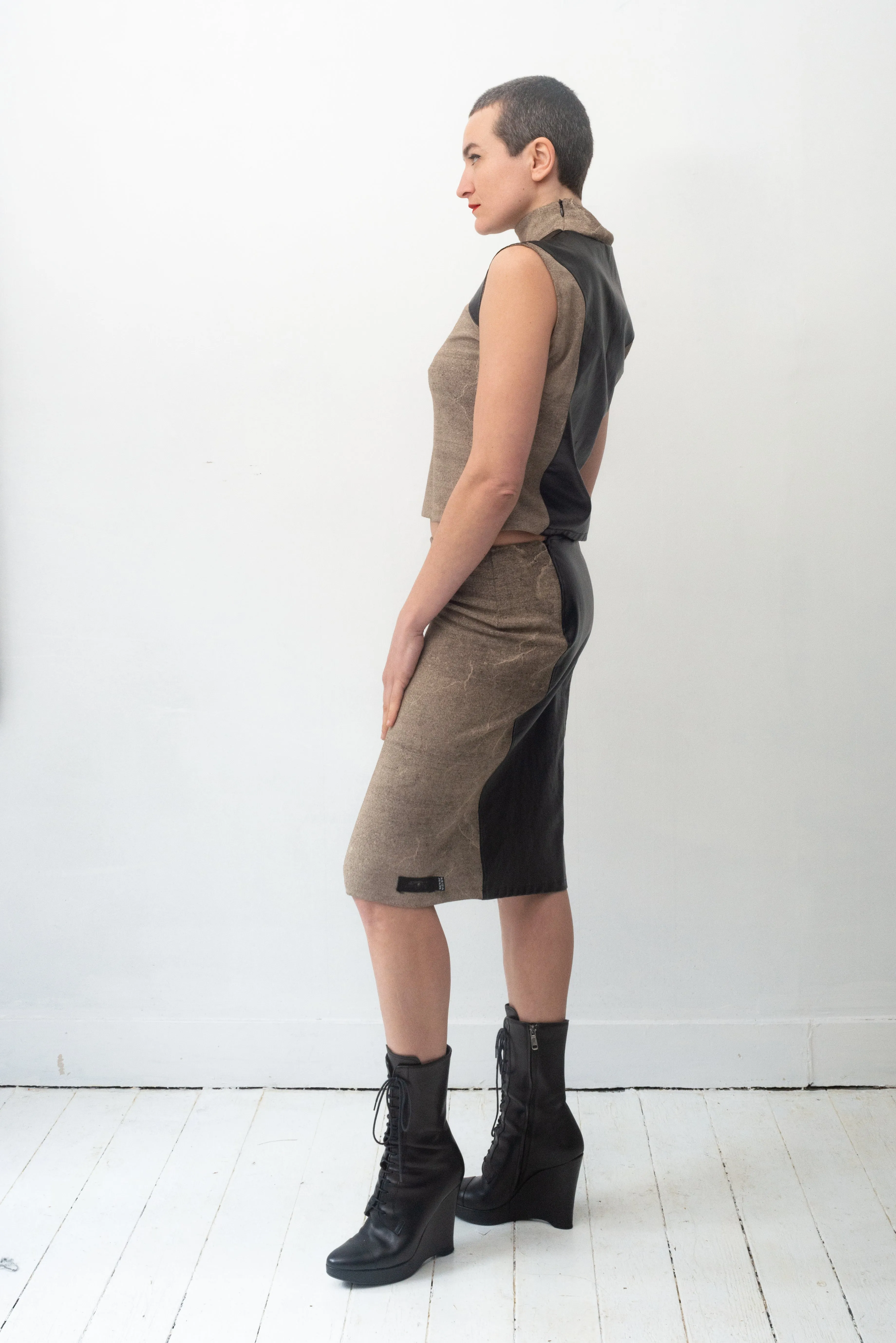 Krizia 90's stretchy skirt set with faux leather