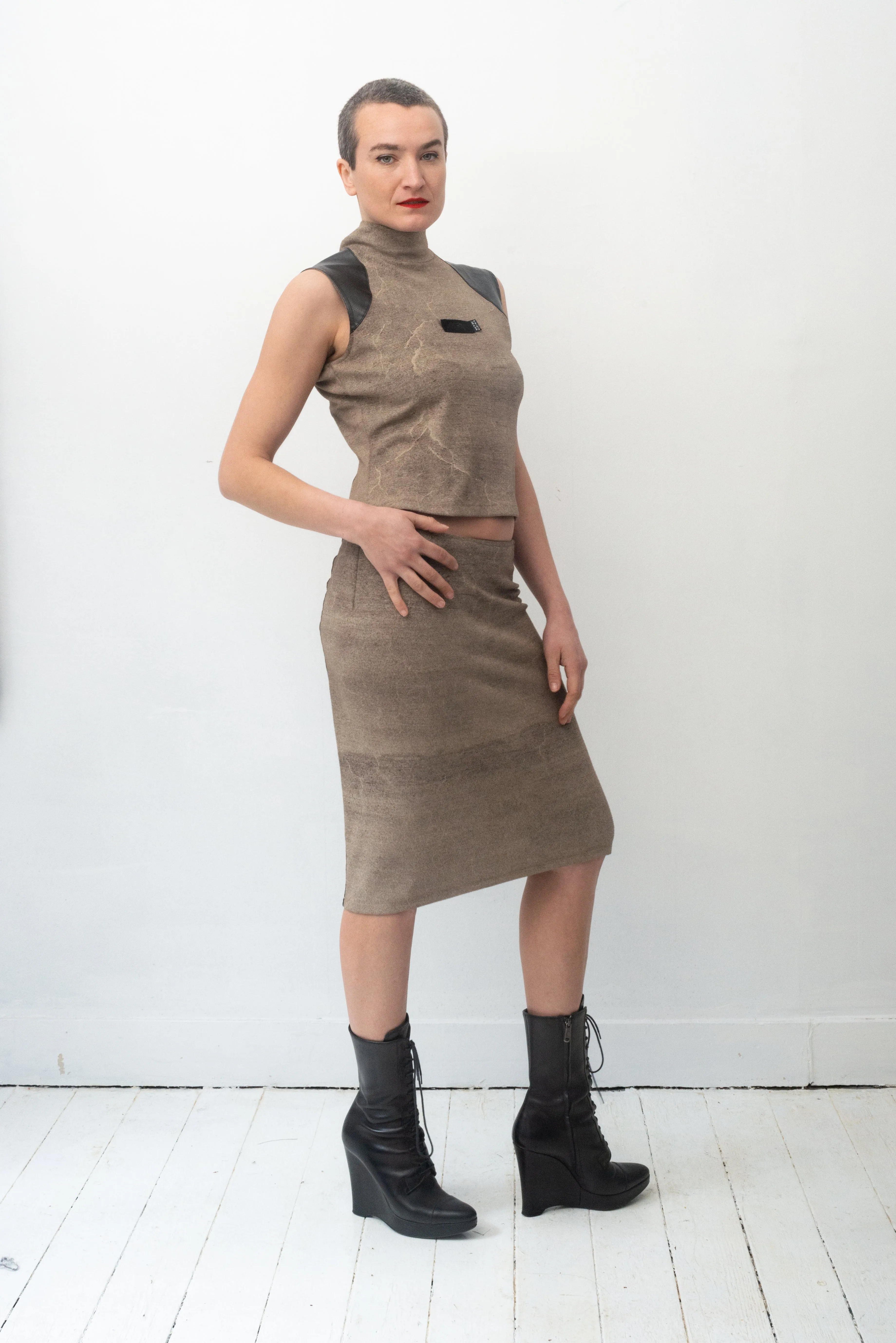 Krizia 90's stretchy skirt set with faux leather