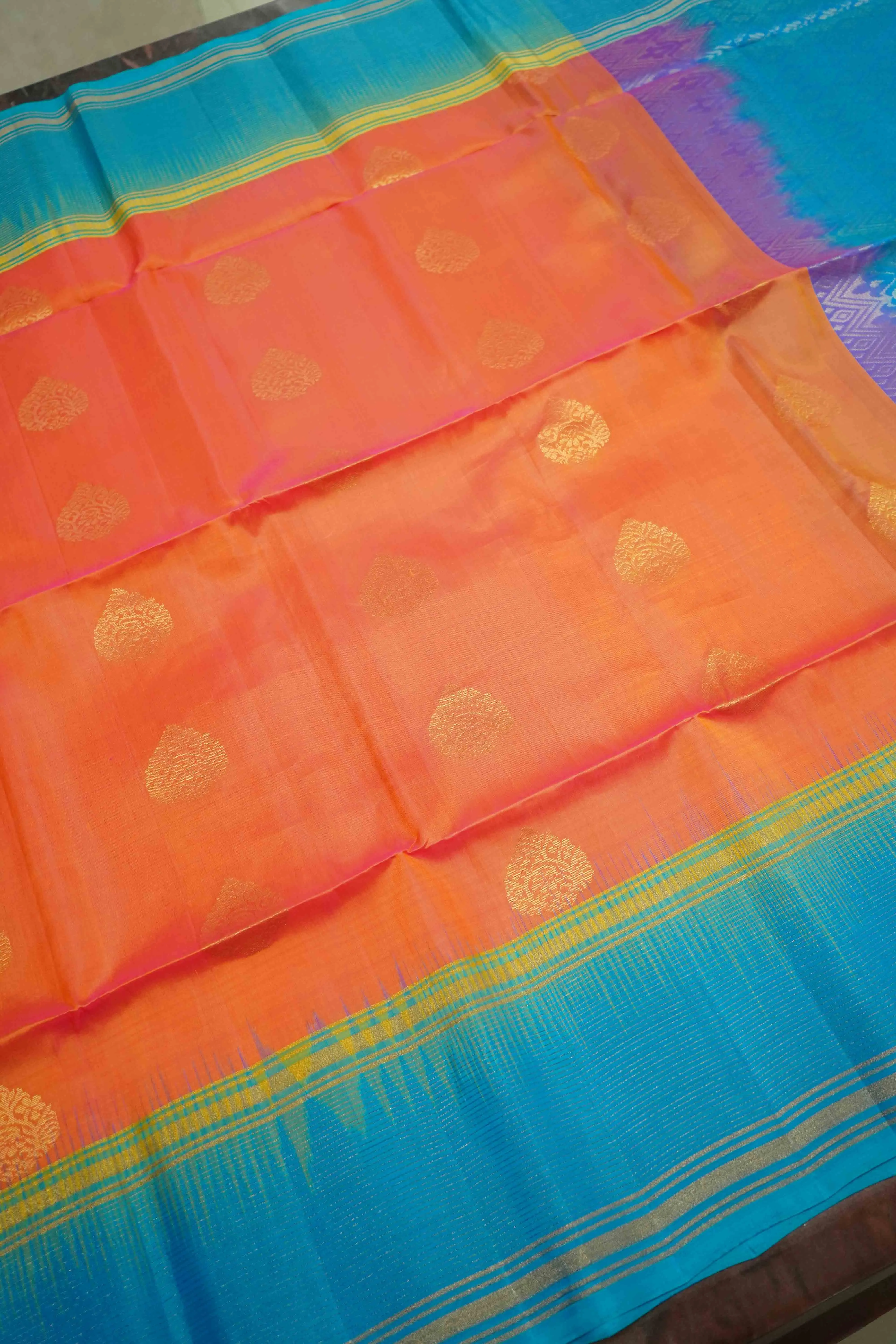 LIGHT CARAMINE PINK WITH WATER BLUE PURE KANCHI SOFT SILK SAREE