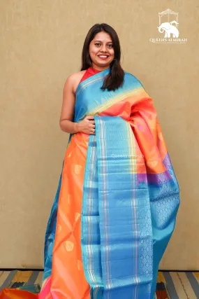 LIGHT CARAMINE PINK WITH WATER BLUE PURE KANCHI SOFT SILK SAREE