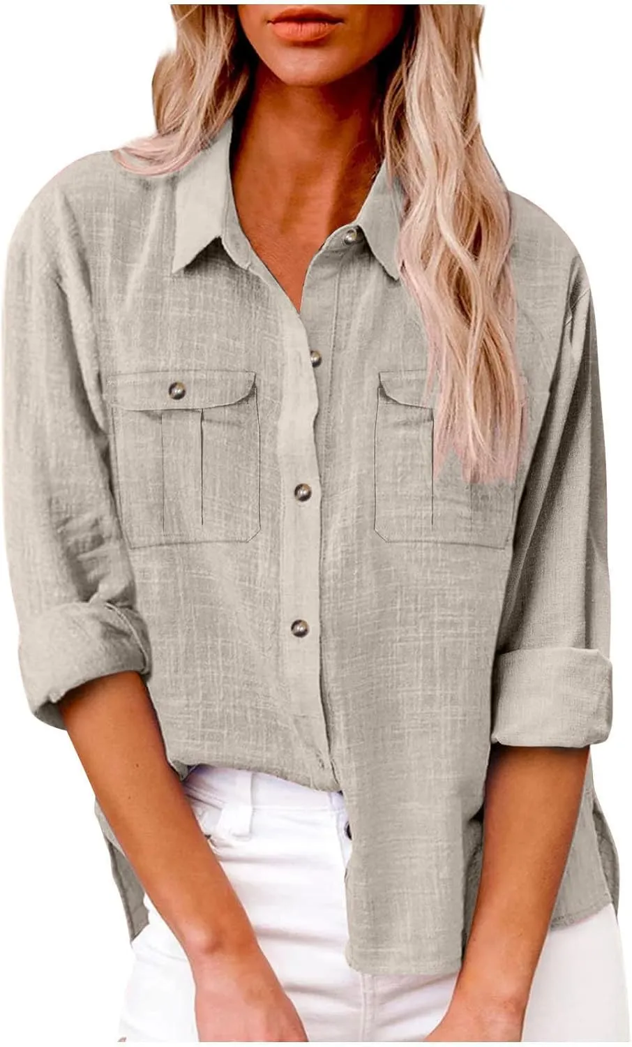 Linen Shirts for Women Summer Front Double Pockets Tops Tunic Linen Fabric Soft Breathable Blouses Fashion T Shirt
