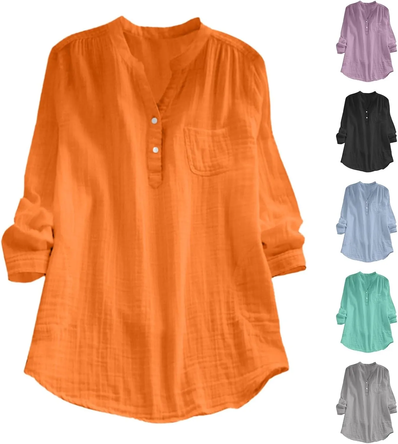 Long Sleeve Shirts for Women V Neck Button Solid Color Casual Tops Loose Breathable Holiday Summer Tshirts Plus Size