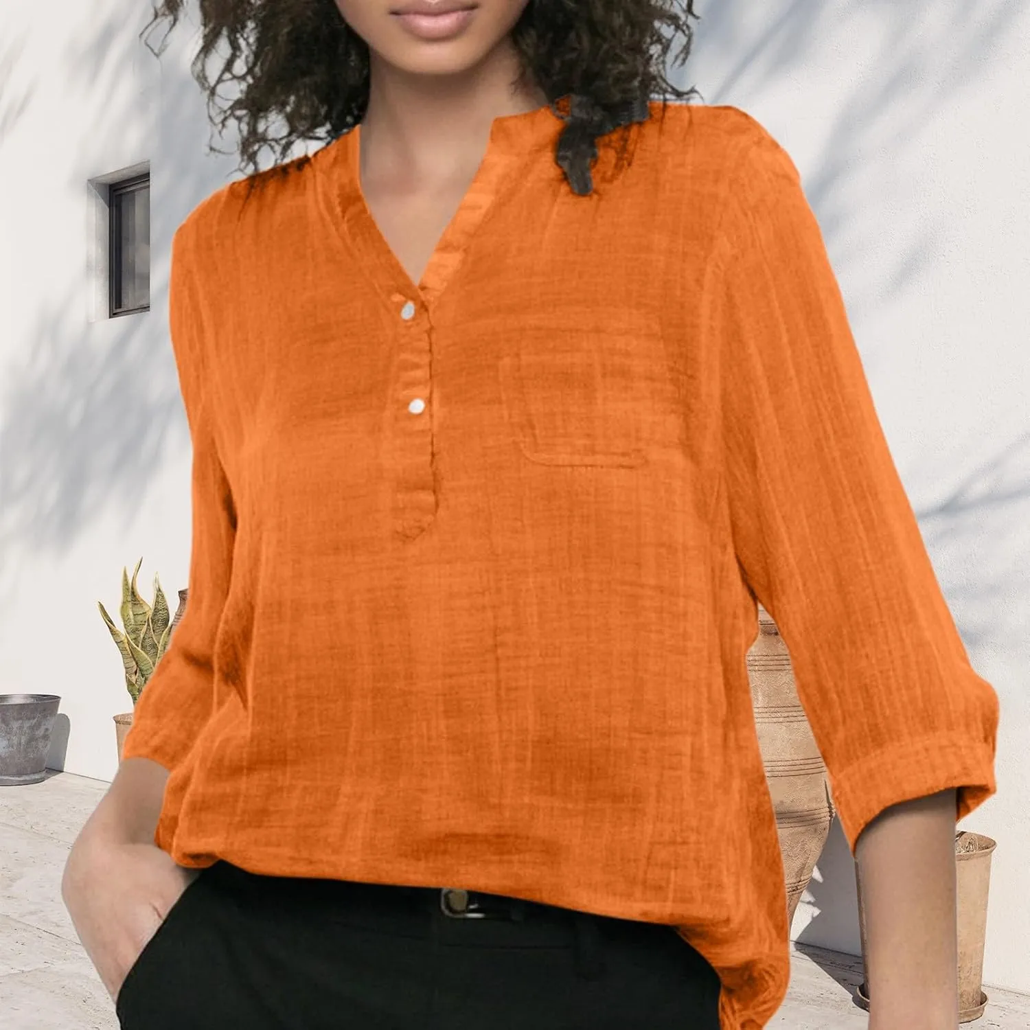 Long Sleeve Shirts for Women V Neck Button Solid Color Casual Tops Loose Breathable Holiday Summer Tshirts Plus Size