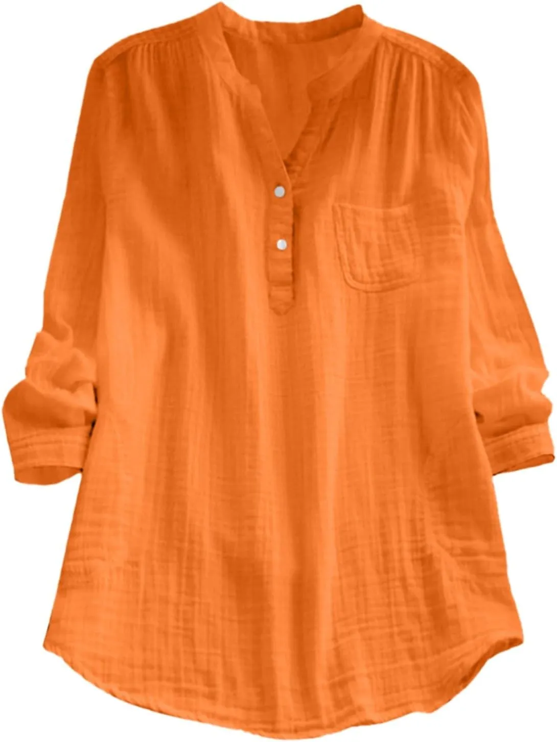 Long Sleeve Shirts for Women V Neck Button Solid Color Casual Tops Loose Breathable Holiday Summer Tshirts Plus Size