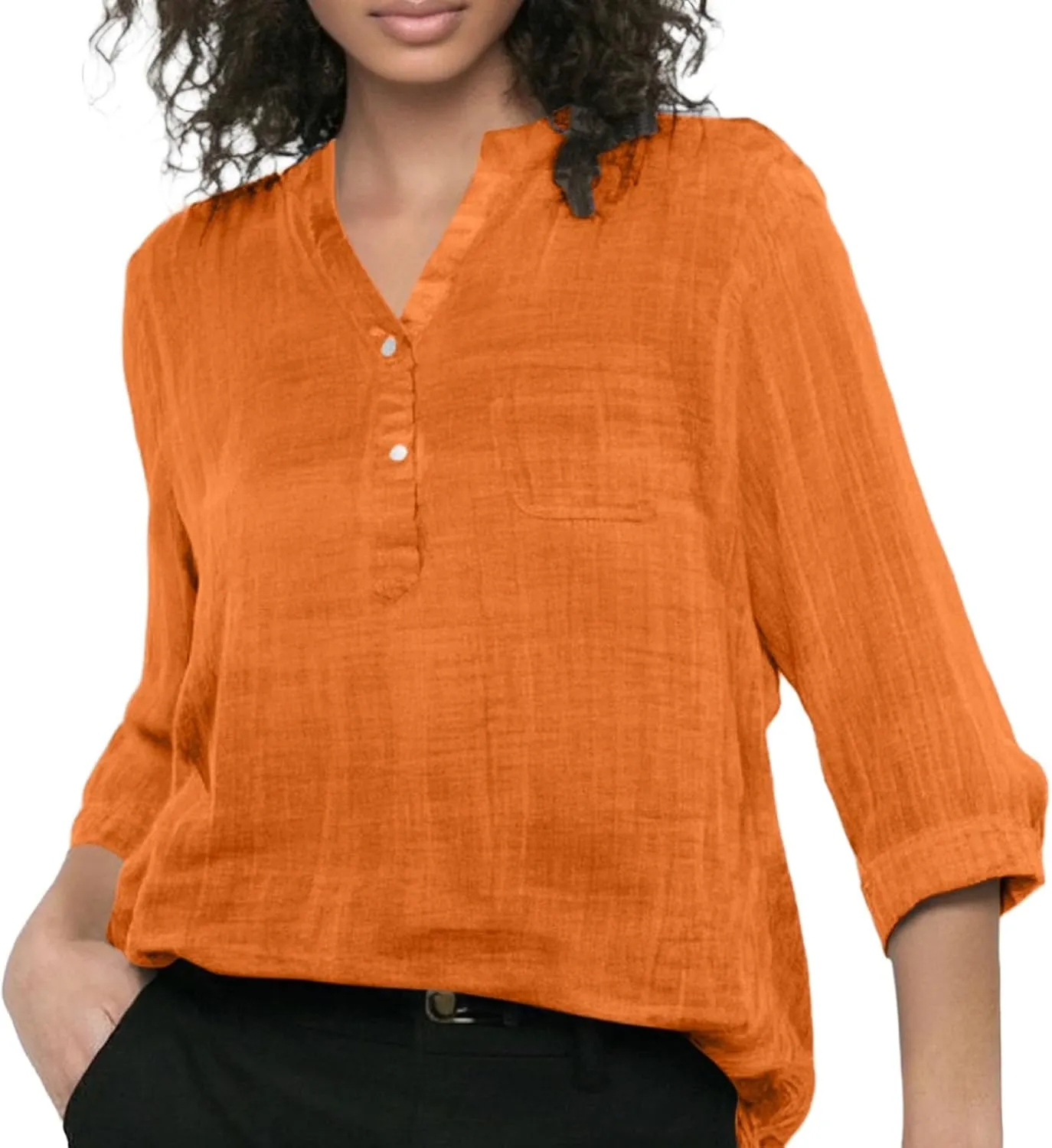 Long Sleeve Shirts for Women V Neck Button Solid Color Casual Tops Loose Breathable Holiday Summer Tshirts Plus Size