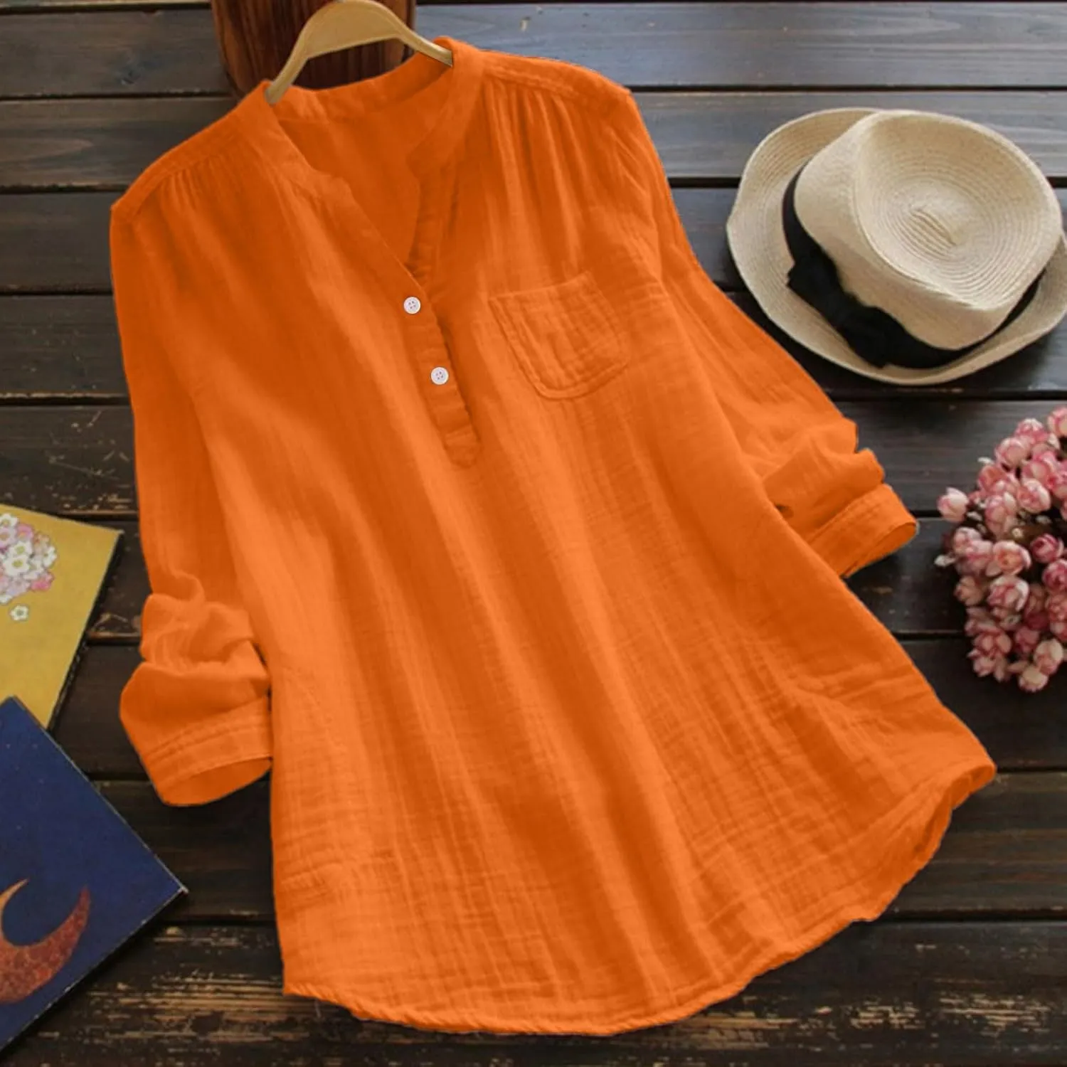 Long Sleeve Shirts for Women V Neck Button Solid Color Casual Tops Loose Breathable Holiday Summer Tshirts Plus Size