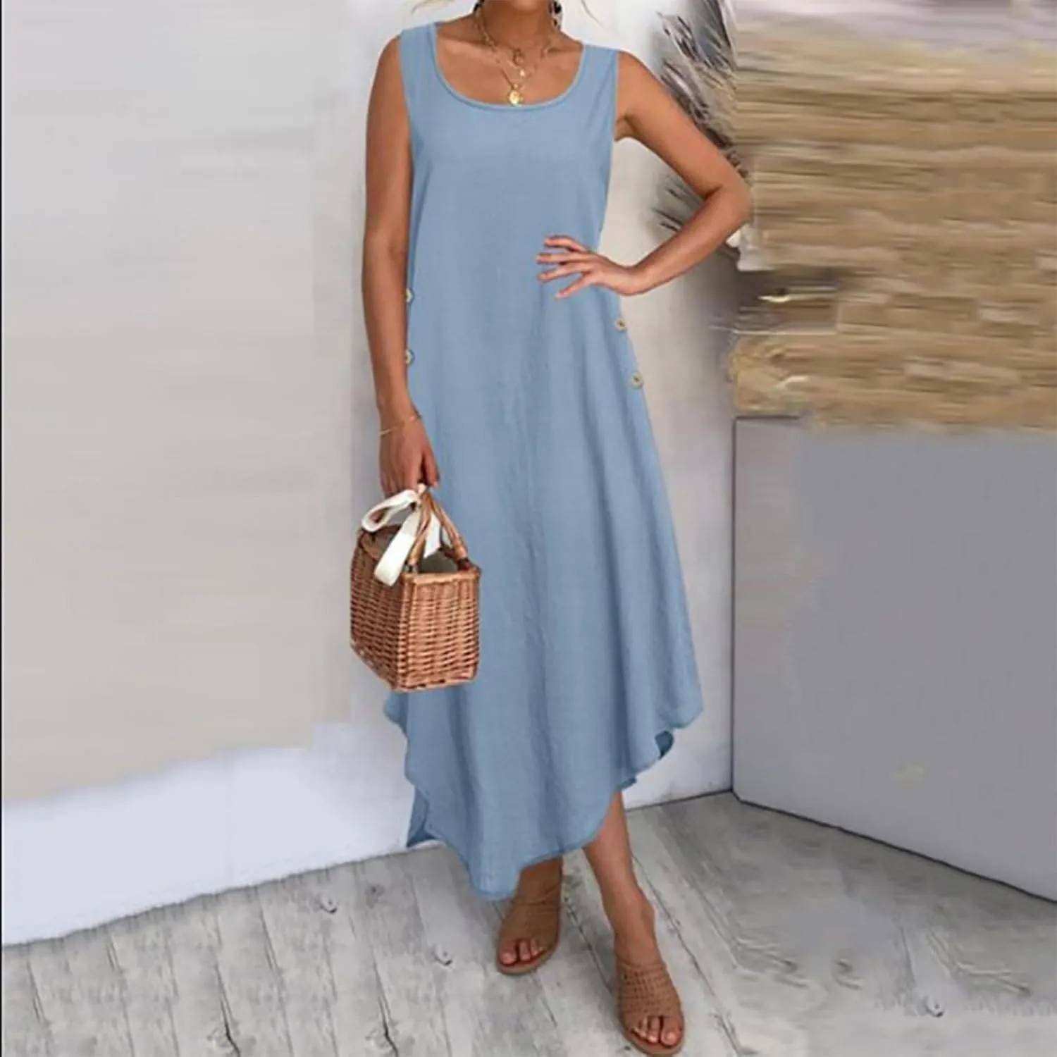 Loose Summer Cotton Linen Dress for Women 2025 Solid Color Beach Travel Dress Button Down Shift Dresses with Pockets